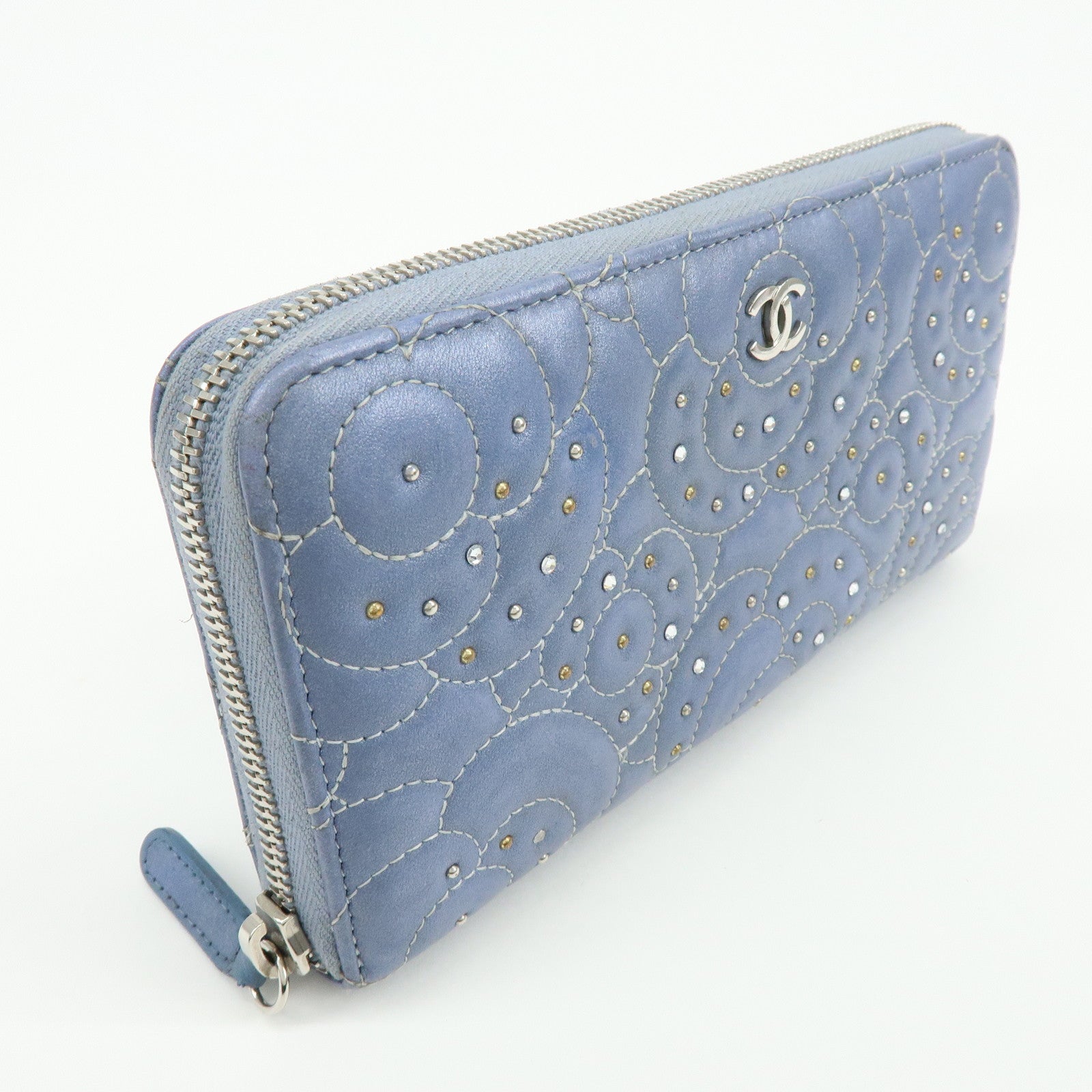 CHANEL Camellia Lamb Skin Round Zippy Wallet Light Blue A82281