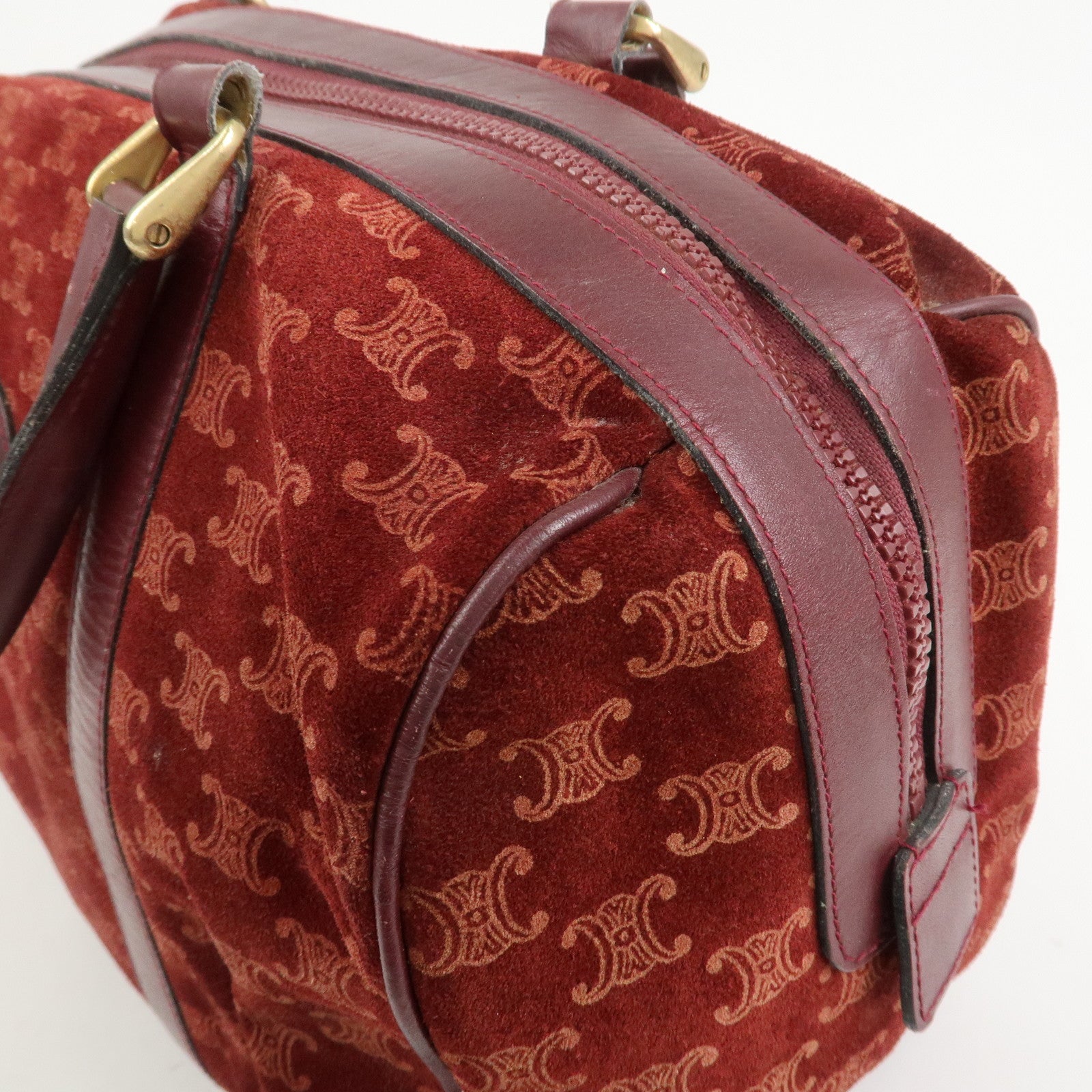 CELINE Macadam Logo Suede Leather Boston Bag Hand Bag Red Brown