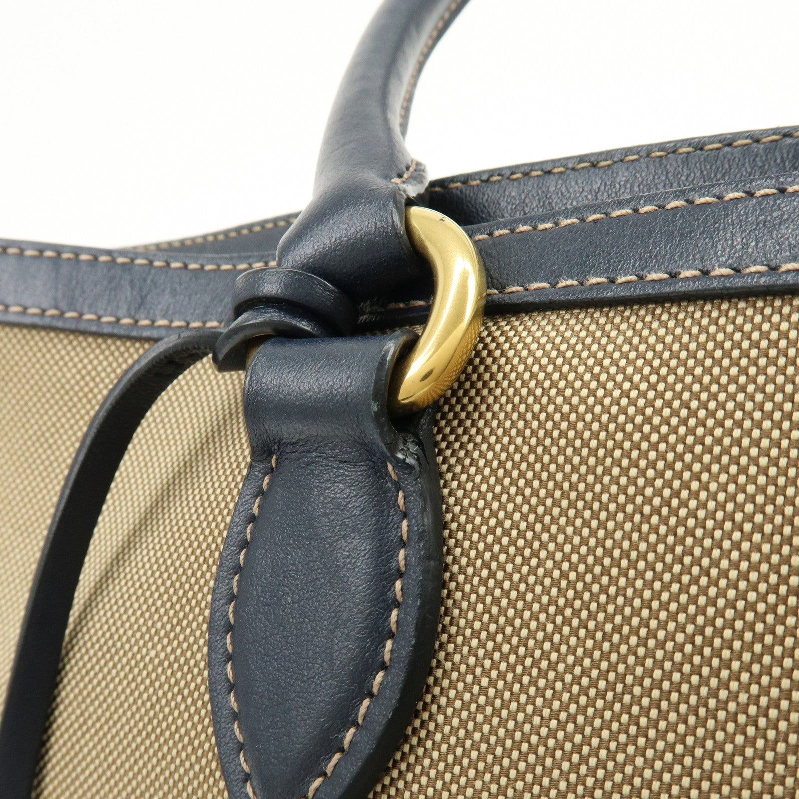PRADA Logo Jacquard Leather Tote Bag Hand Bag Beige Navy