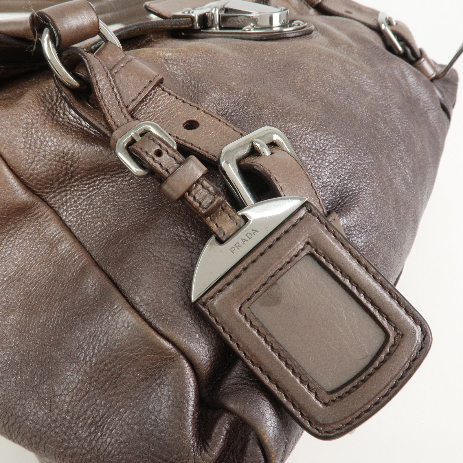 PRADA Logo Leather Shoulder Bag Hand Bag Metallic Brown BR3901