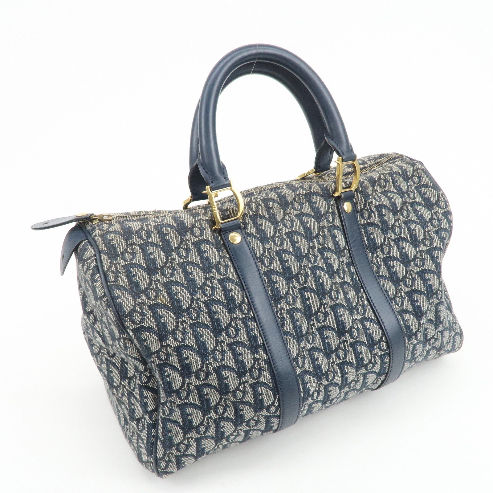 Christian Dior Trotter Jacquard Canvas Leather Boston Bag Navy