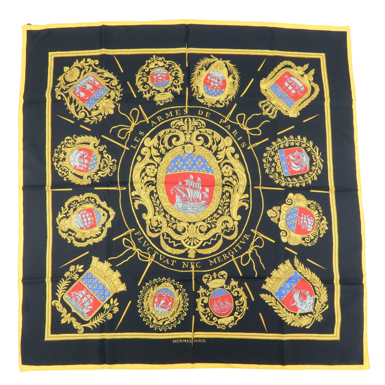 HERMES Carre 90 Silk 100% Les Armes de Paris Scarf Black Yellow Red