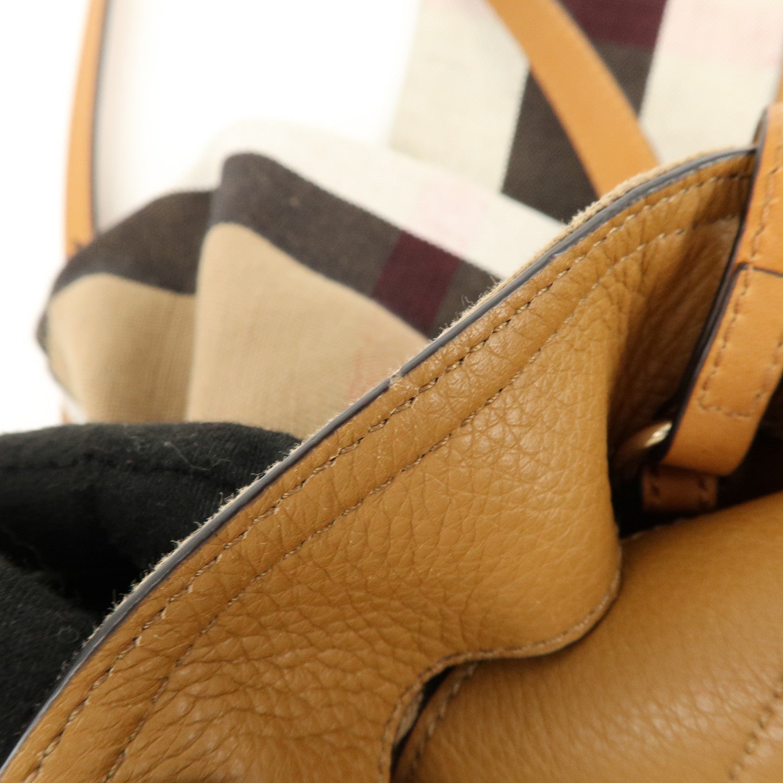 BURBERRY Nova Plaid Canvas Leather Tassel Shoulder Bag Beige Camel