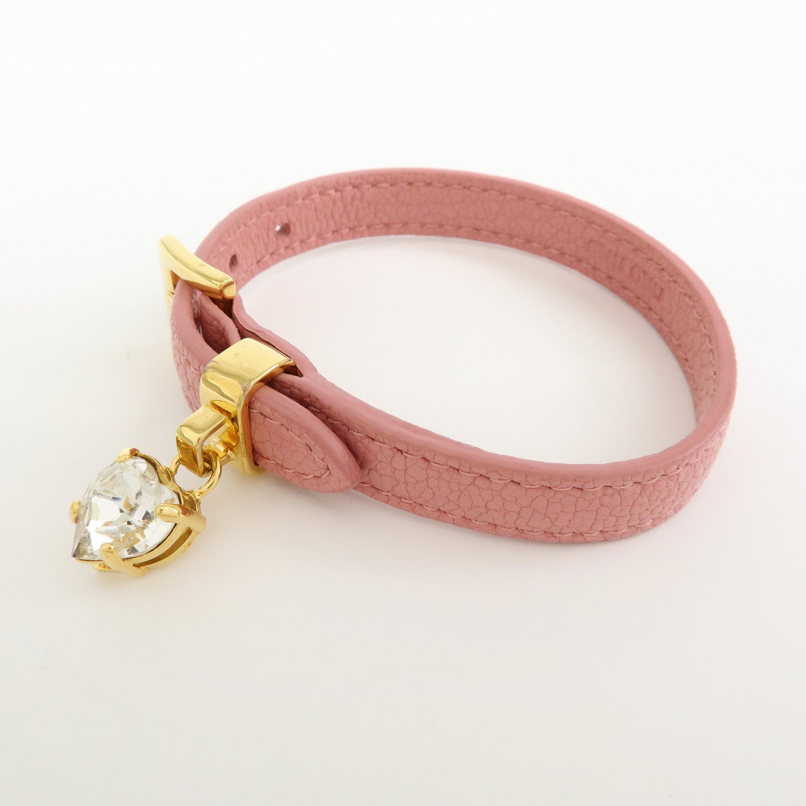 MIU MIU Leather Metal Rhinestone Bracelet Pink Gold 5IB253