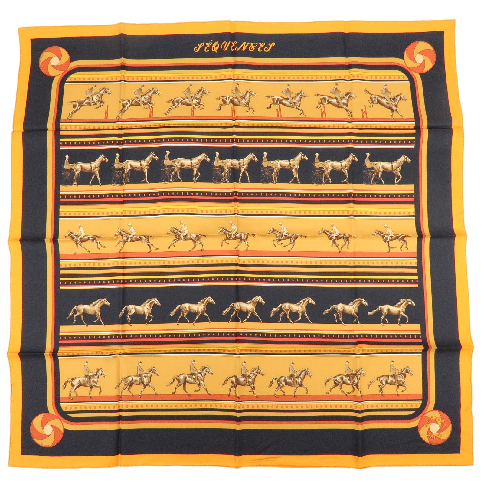 HERMES Carre 90 Silk 100% Scarf SEQUENCES Horse Print Orange Black