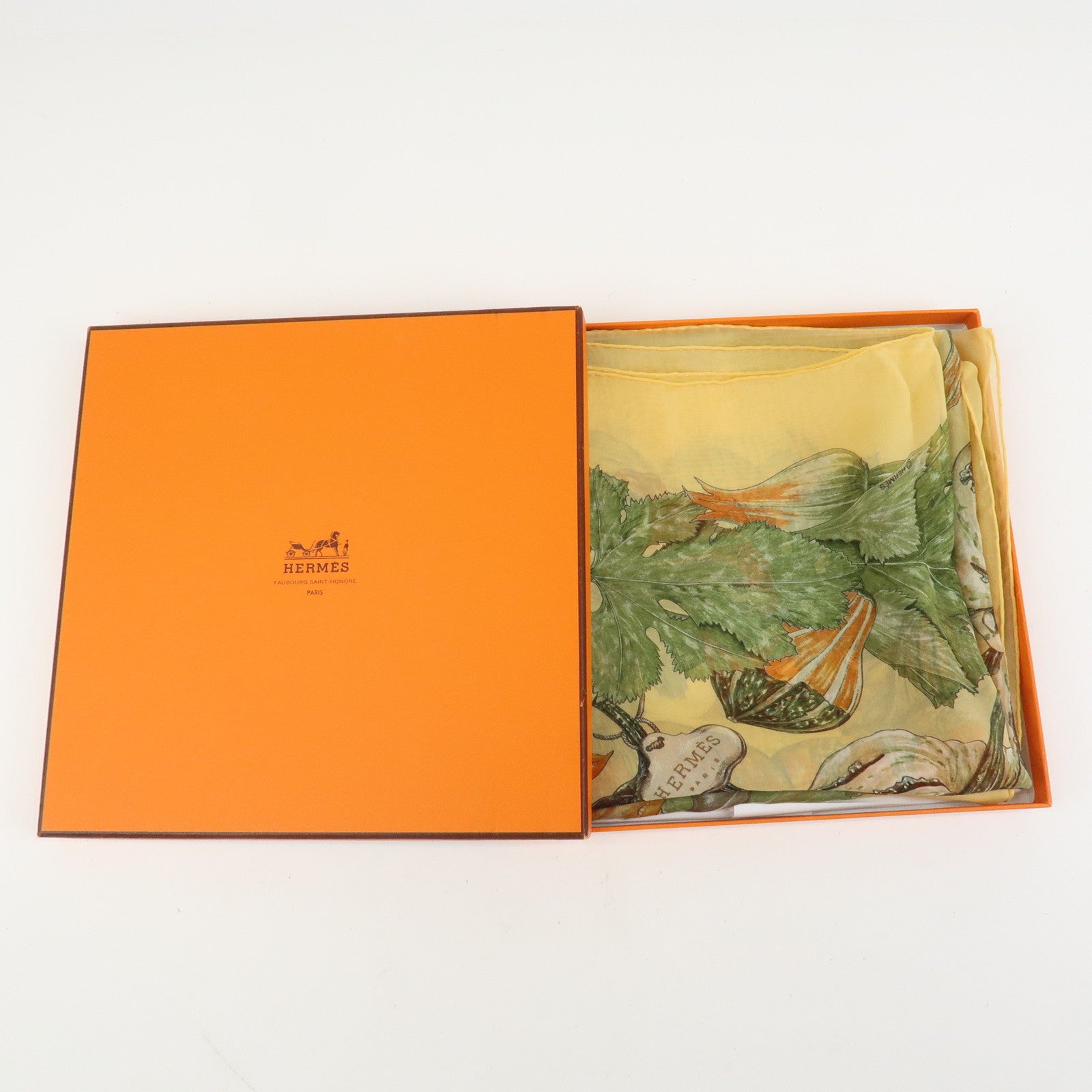 HERMES Carre 90 Silk 100% CITROUOILLES ET COLOWUINTES Pumpkin Scarf