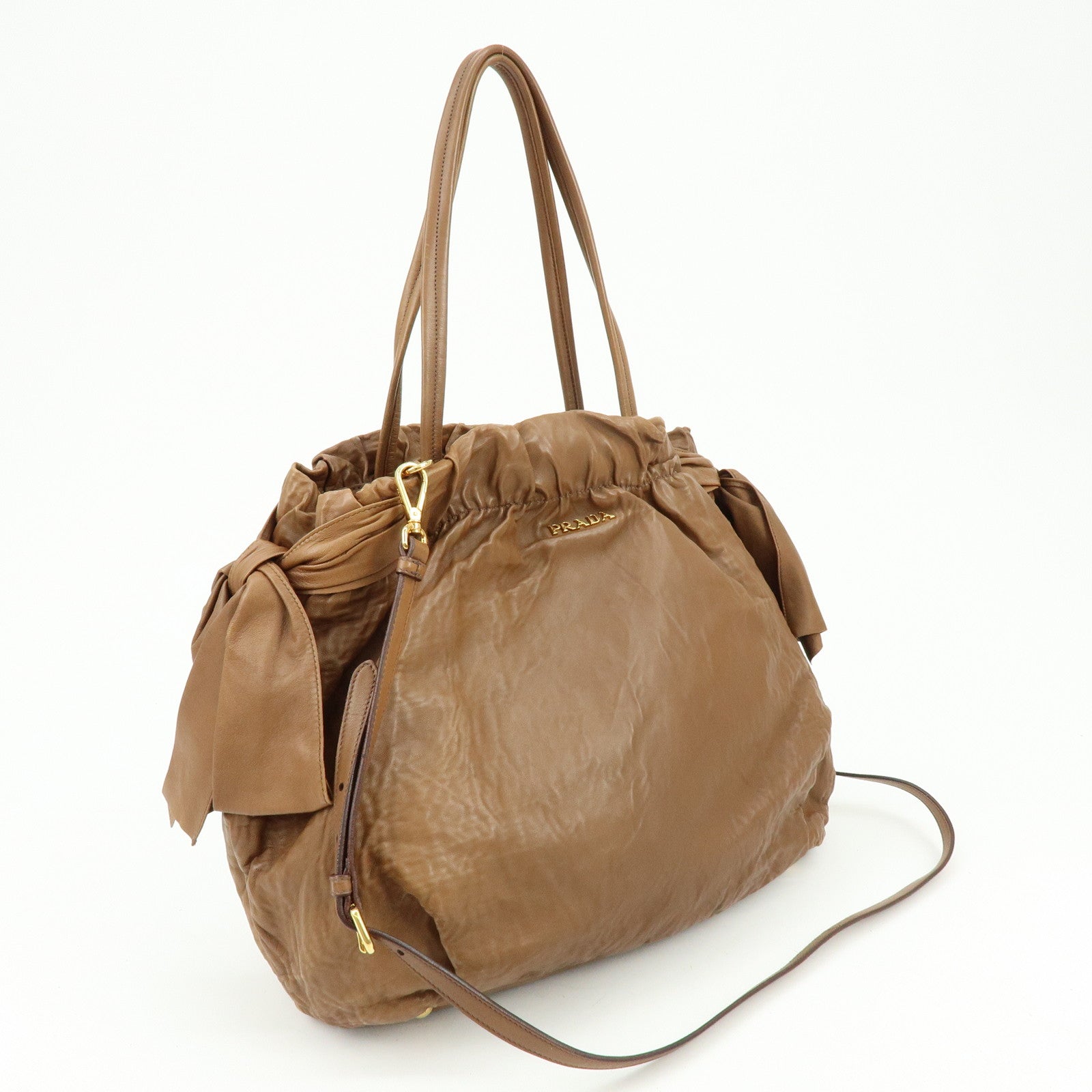 PRADA Leather Ribbon 2Way Bag Hand Bag Shoulder Bag Brown BN1760