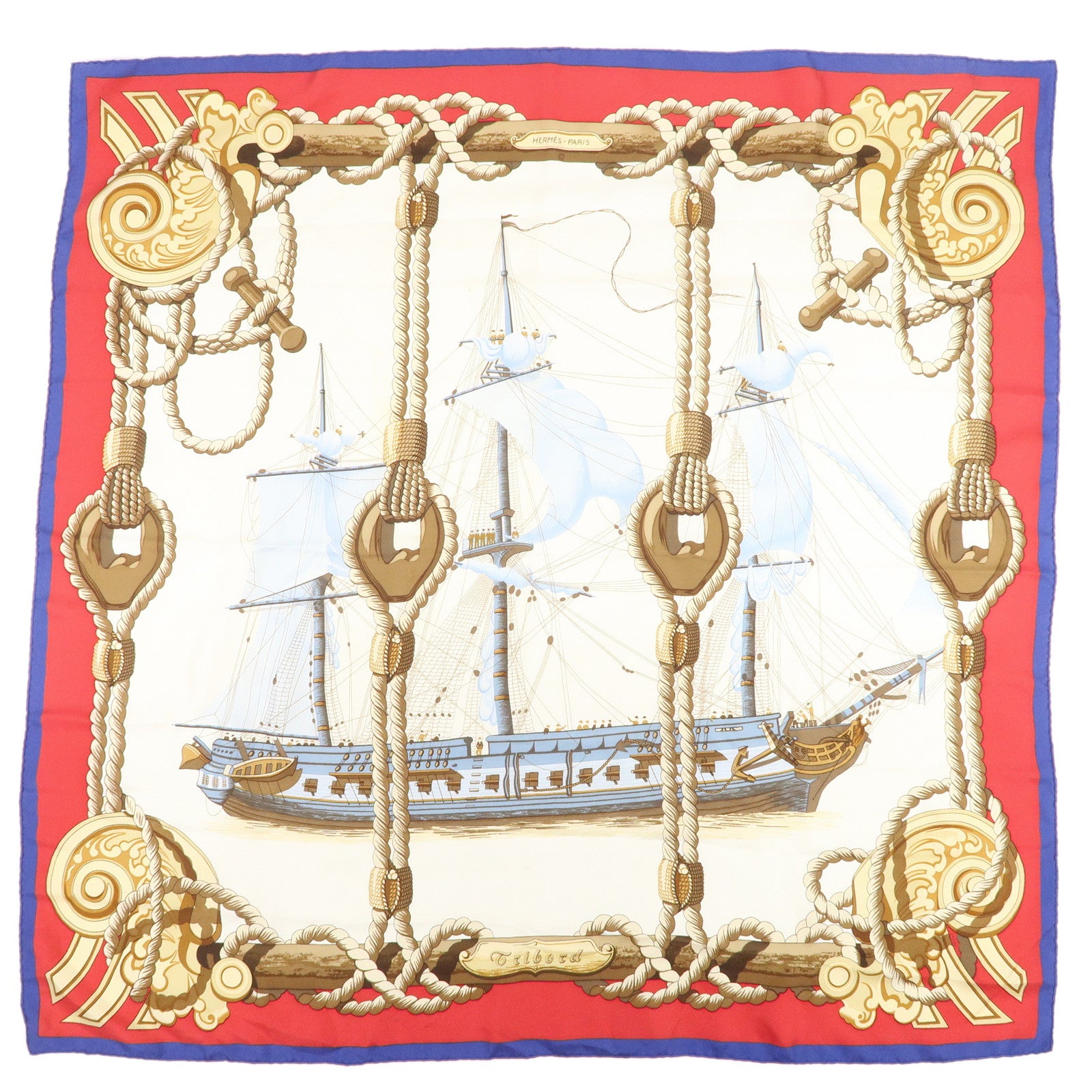 HERMES Carre 90 Silk 100% Lephyr Scarf Ivory Red Blue