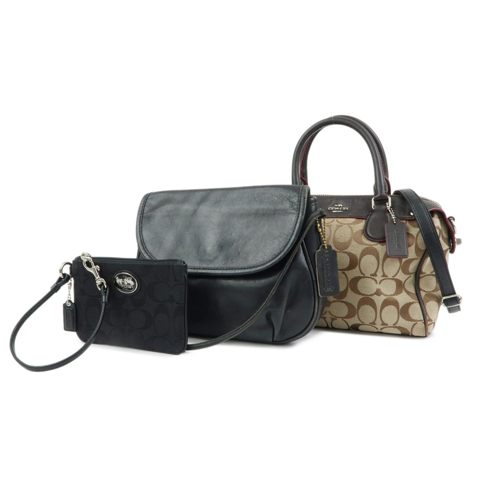 COACH Set of 3 Canvas Leather  2Way Shoulder Bag Pouch Brown Black