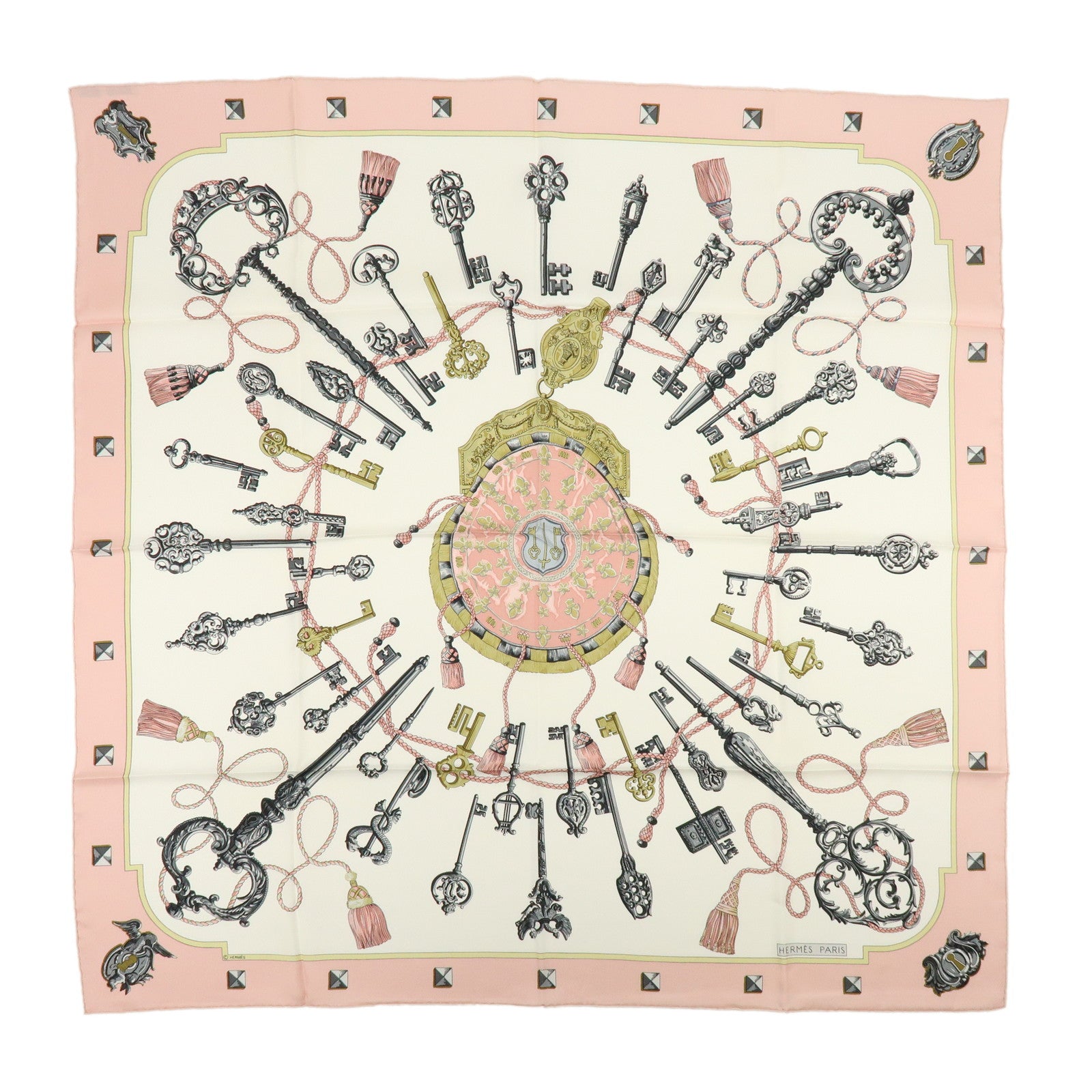 HERMES Carre 90 Silk 100% Scarf LES CLES THE KEYS RARE Light Pink