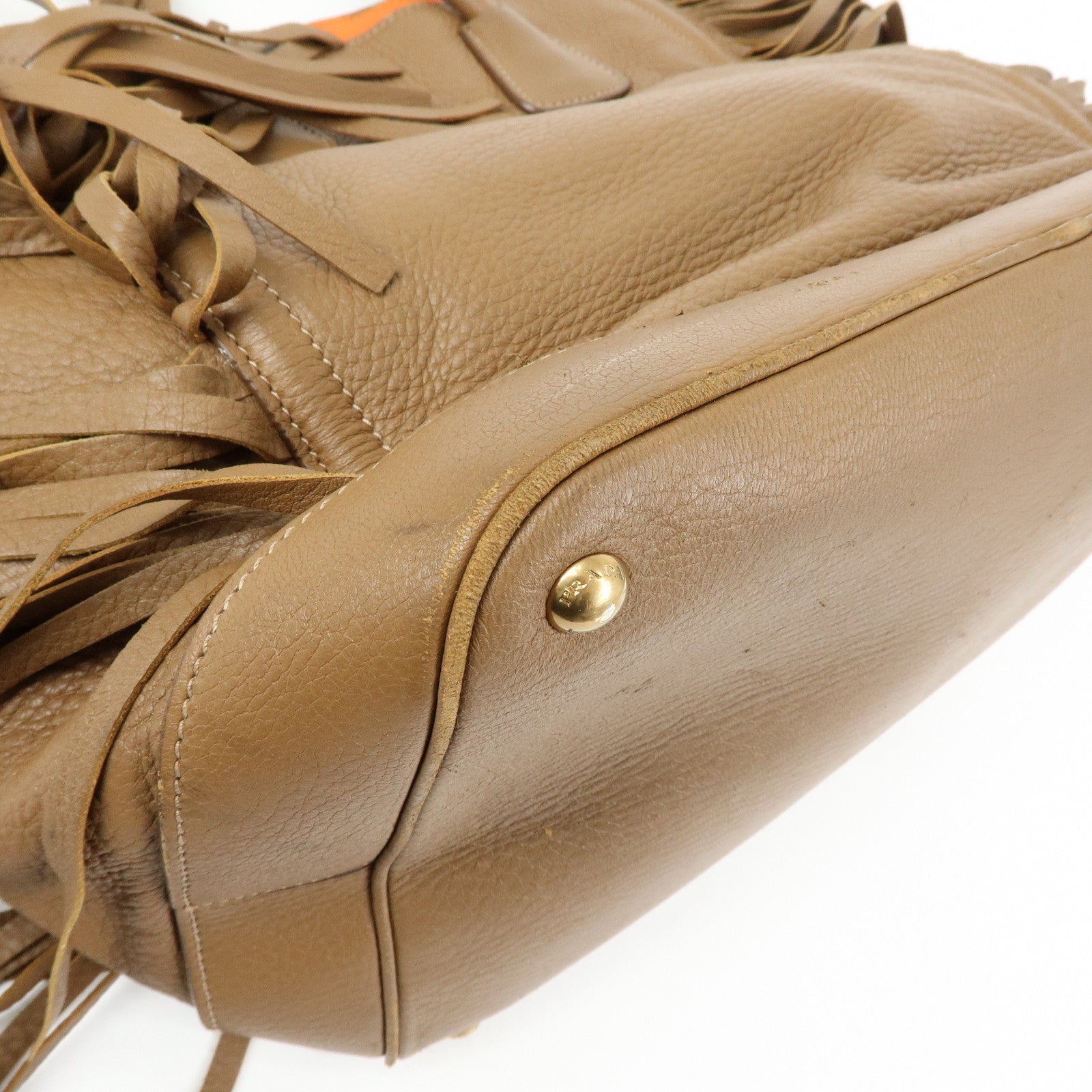 PRADA Leather Fringe Tote Bag Hand Bag Camel Orange
