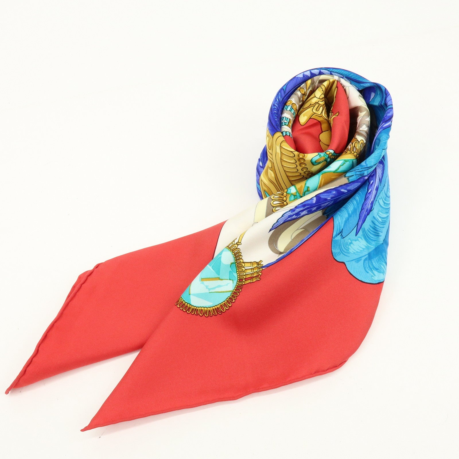 HERMES Carre 90 Silk 100% Scarf MEXIQUE Red Gold Blue