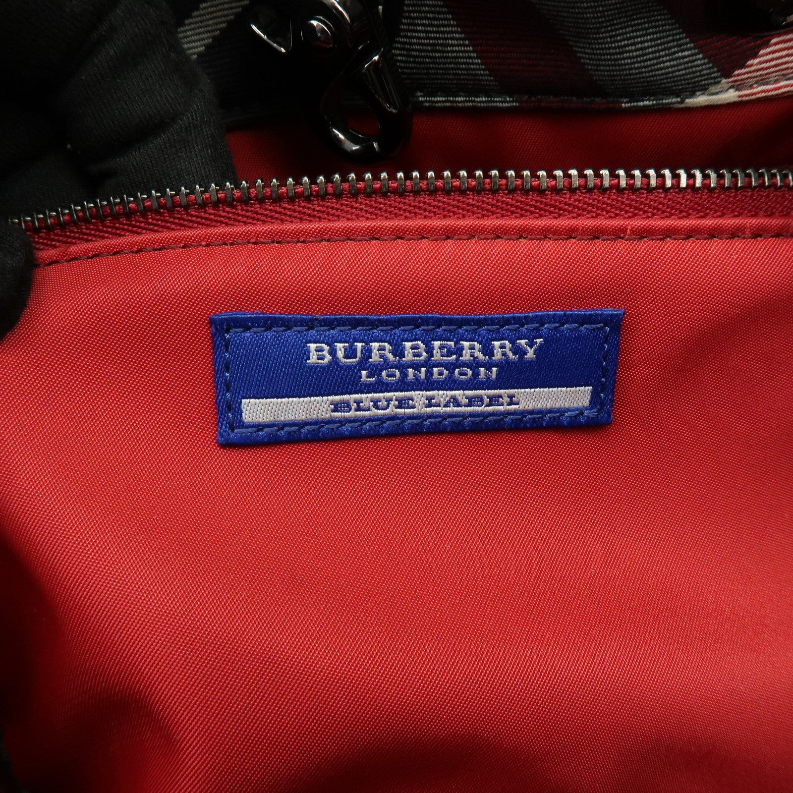 BURBERRY Blue Label Nova Plaid Nylon Leather Tote Bag Red Black
