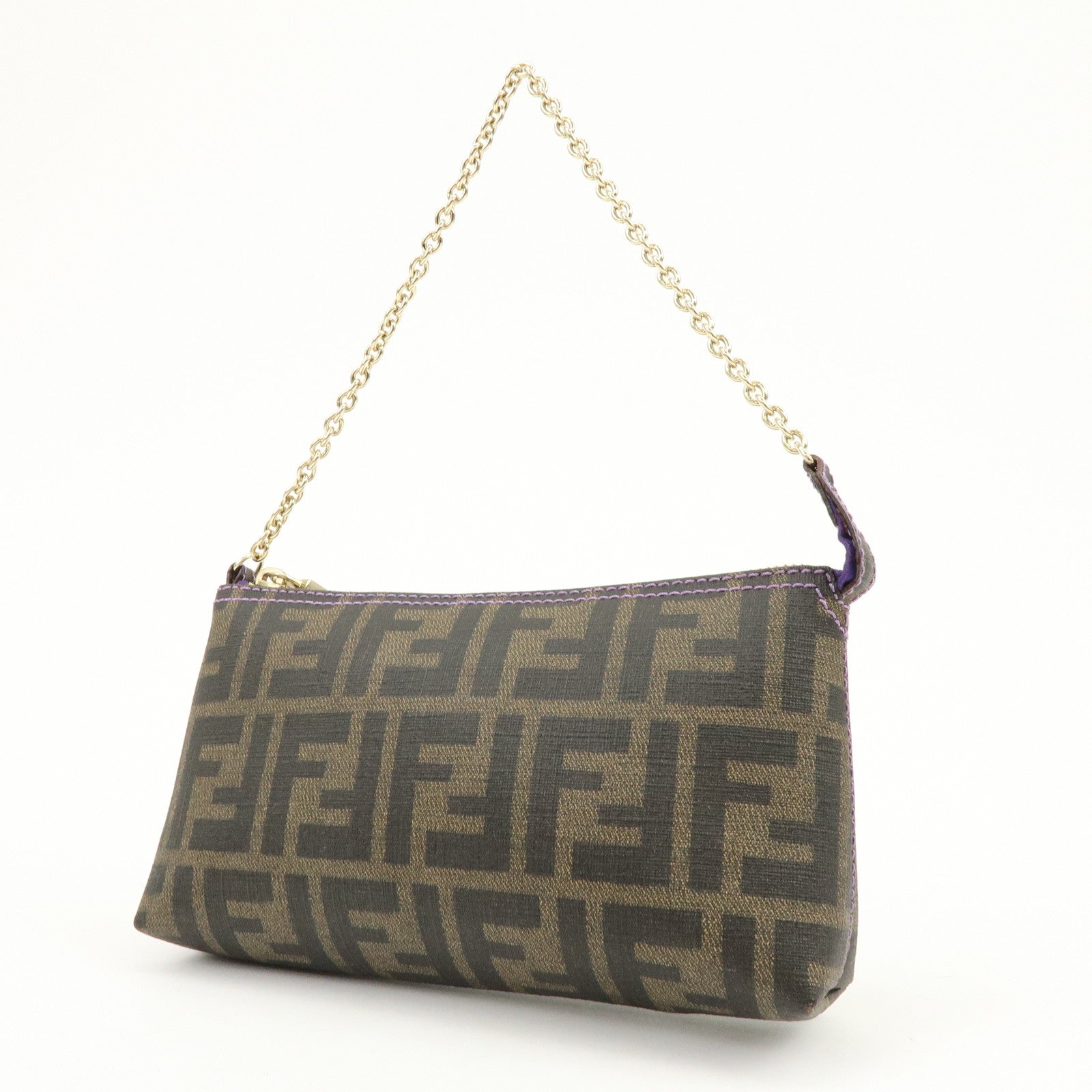 FENDI Zucca Print PVC Chain Accessory Pouch Brown Purple 8BR592