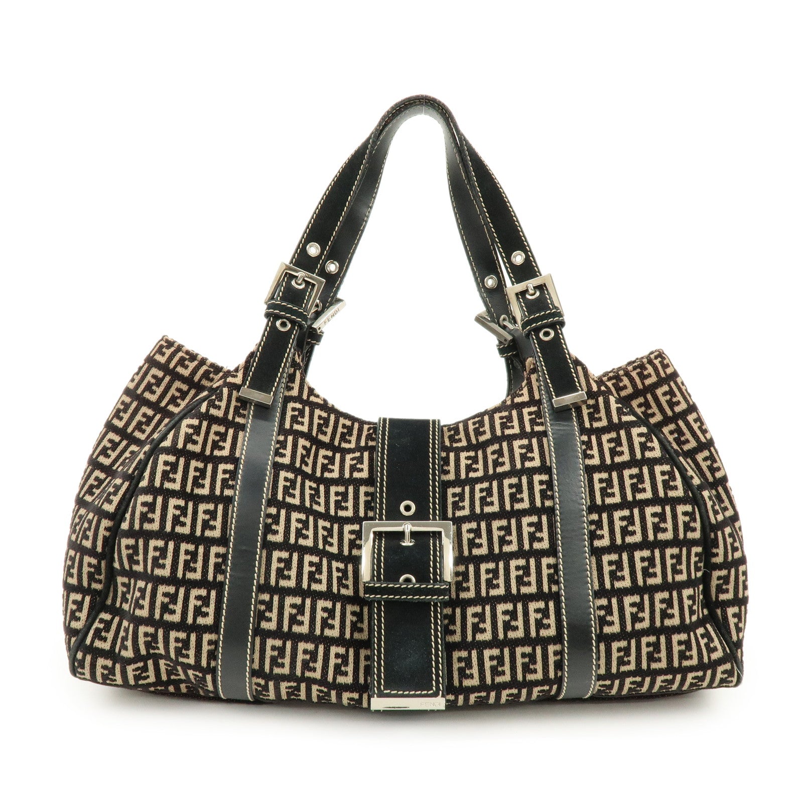 FENDI Zucchino Canvas Suede Leather Tote Bag Black Beige 8BR091