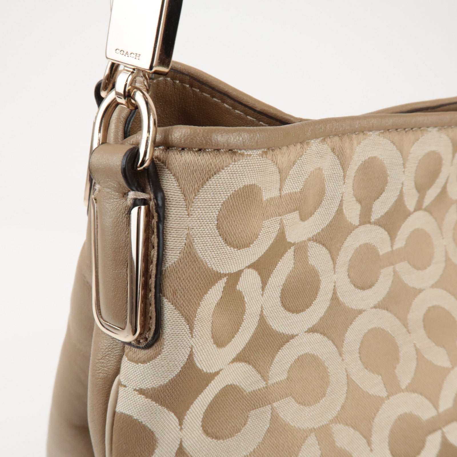 COACH Op Art Satin Leather Shoulder Bag Hand Bag Gold Beige