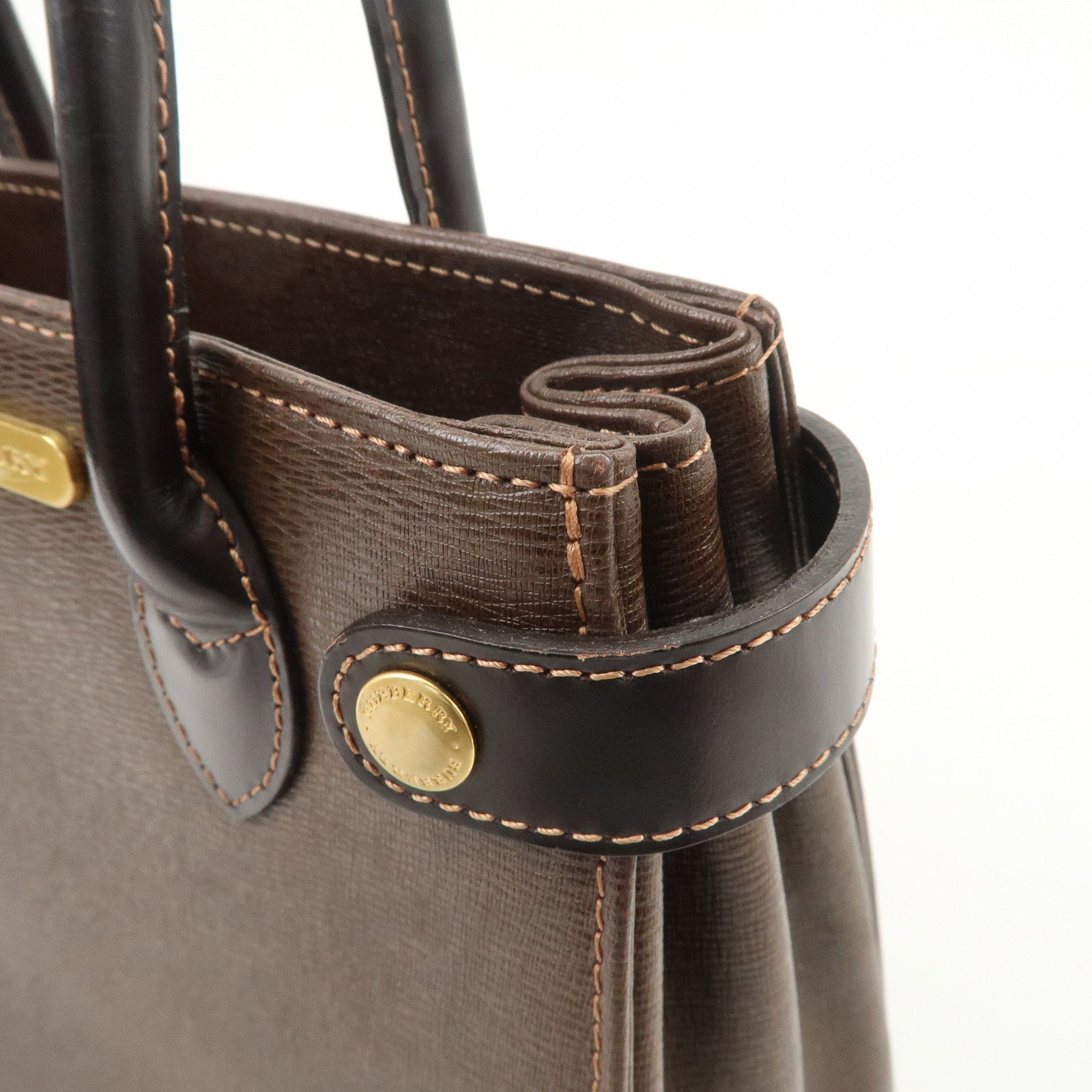 BURBERRY Leather Hand Bag Tote Bag Brown Gold