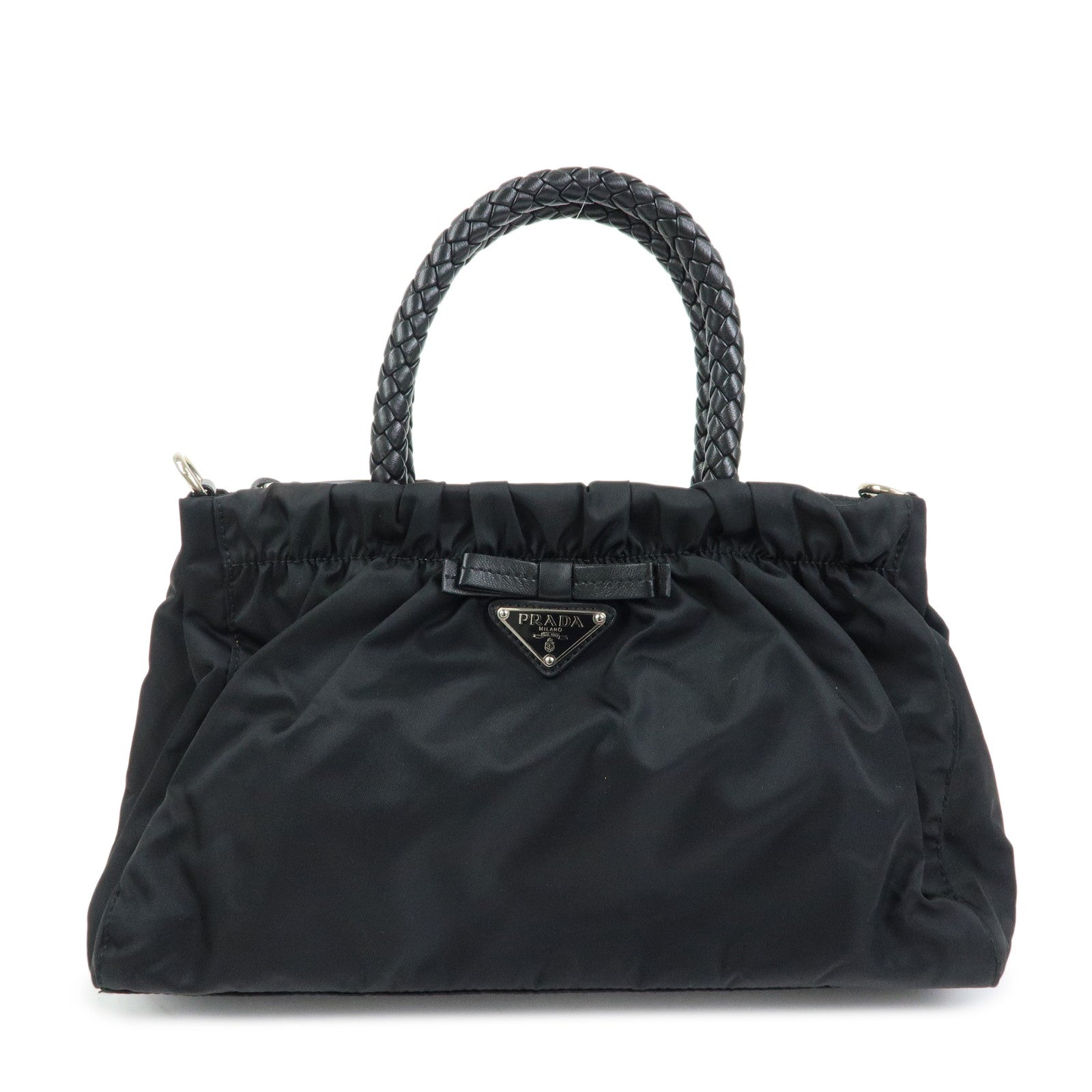 PRADA Triangle Logo Ribbon Nylon Leather 2Way Hand Bag Black BN1631