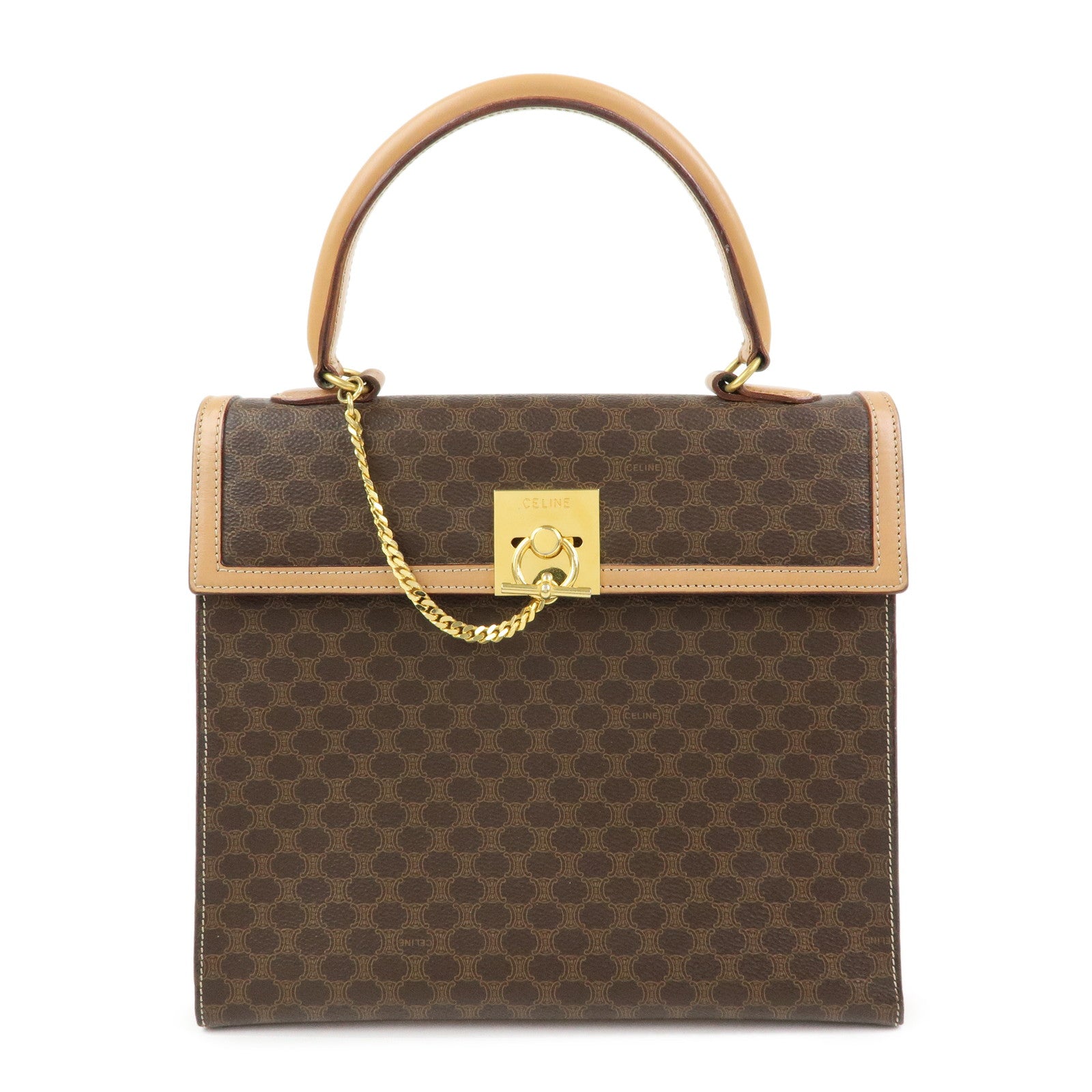 CELINE Macadam PVC Leather Hand Bag Top Handle Flap Bag Brown