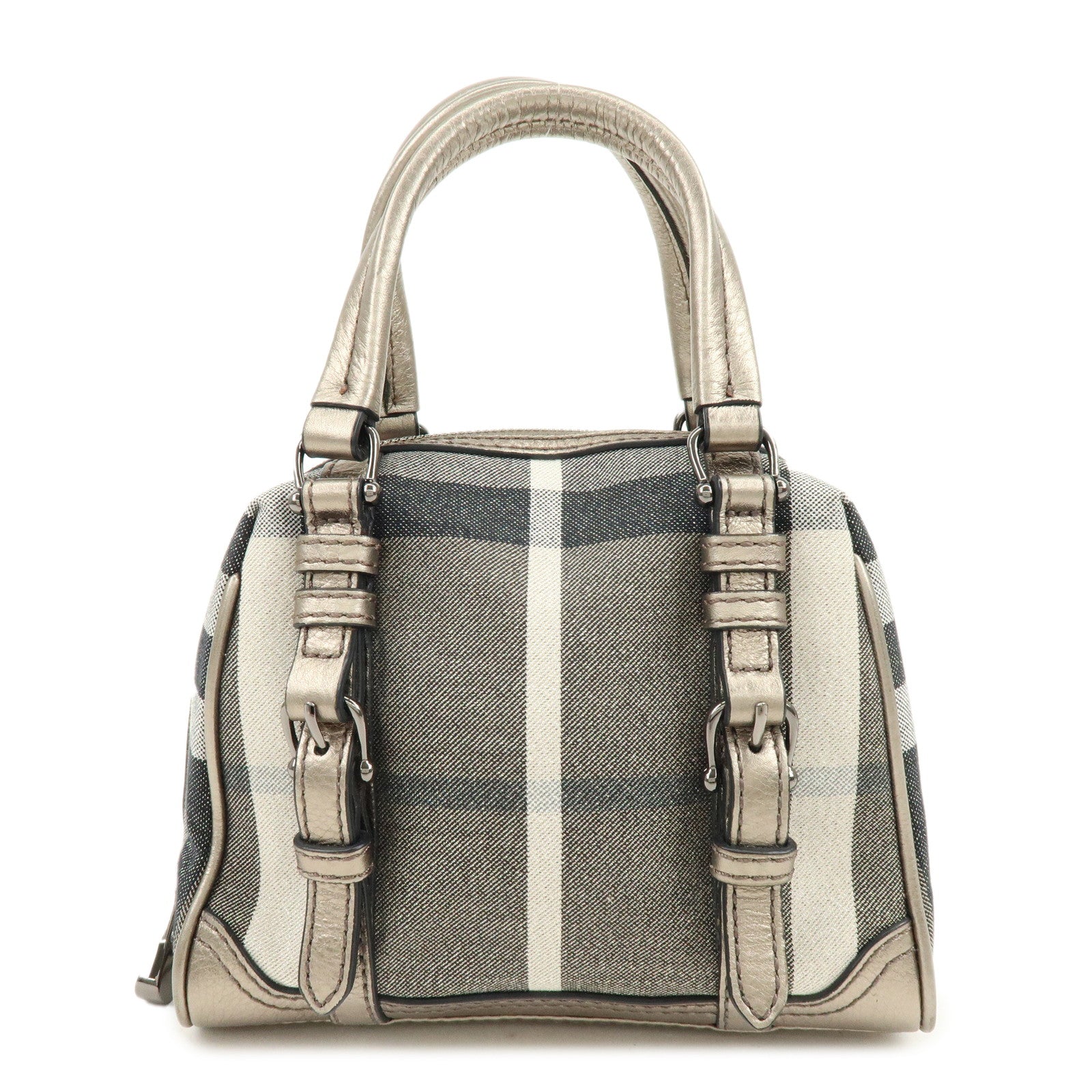 BURBERRY Plaid Canvas Leather Hand Bag Gray Champagne Gold