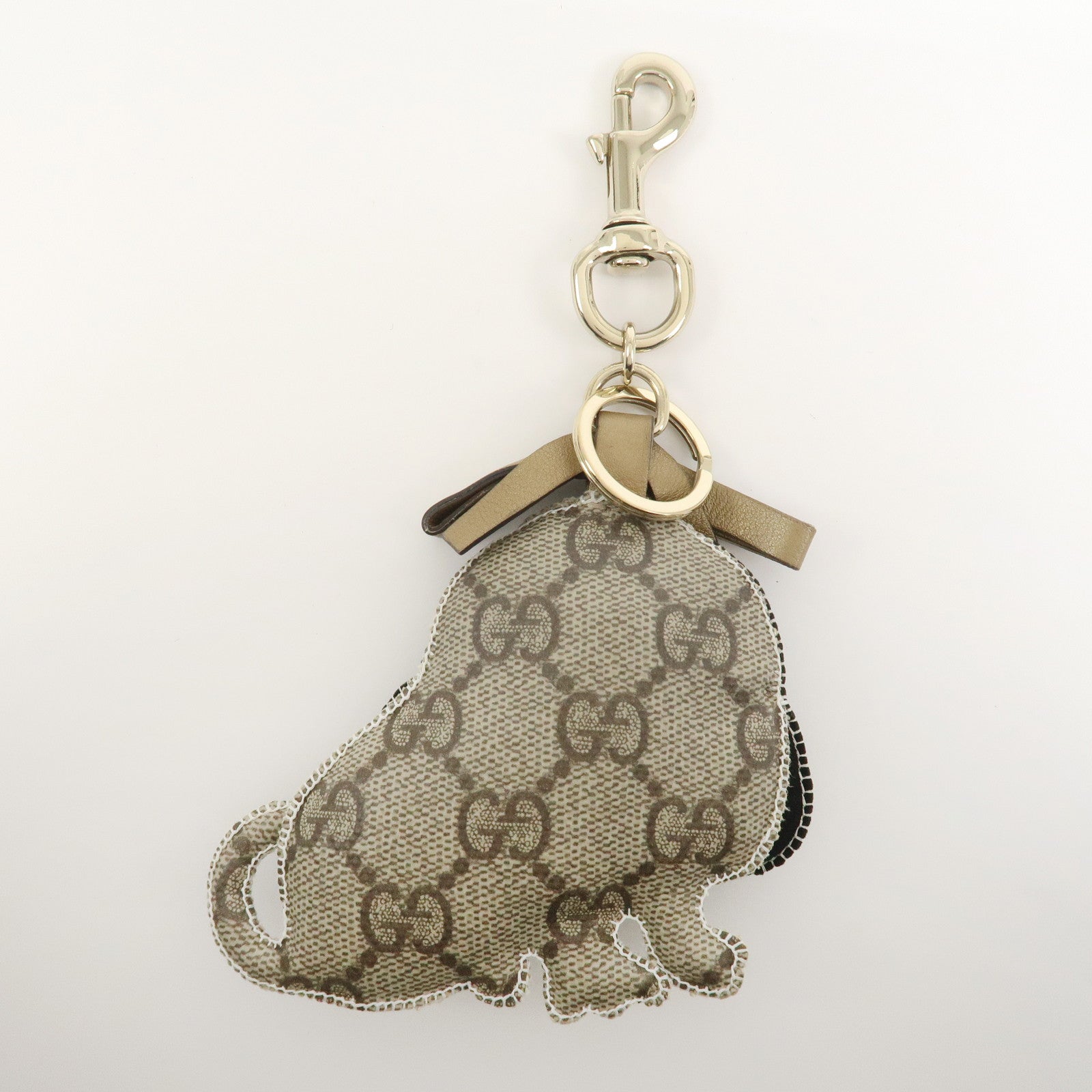 GUCCI GG Plus Suede Leather Bag Charm Key Chain Beige Black 206078