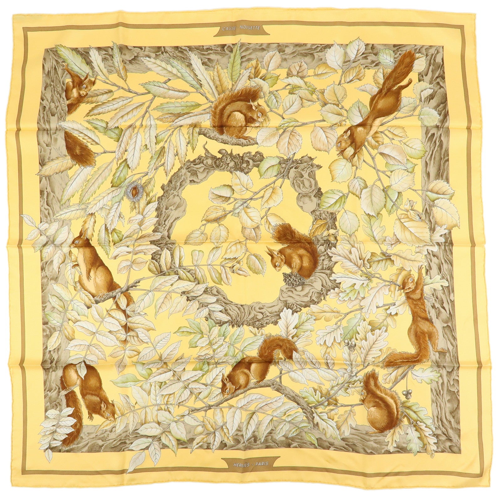 HERMES Carre 90 Silk 100% Scarf Casse Noisette Walnut Yellow Brown