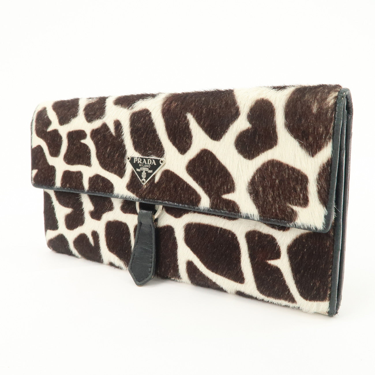 PRADA Unborn Carf Leather Bi-Fold Long Wallet Brown White