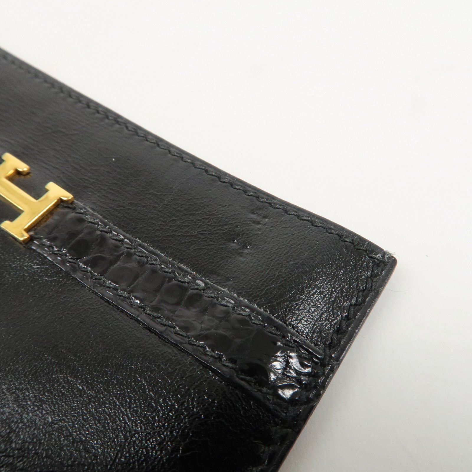 HERMES Leather □T Stamped Card Case Balck Gold Used