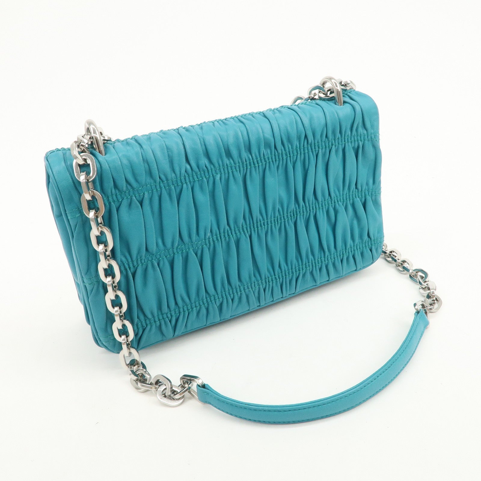 PRADA Nappa Gaufre Leather Chain Shoulder Bag Hand Bag Blue
