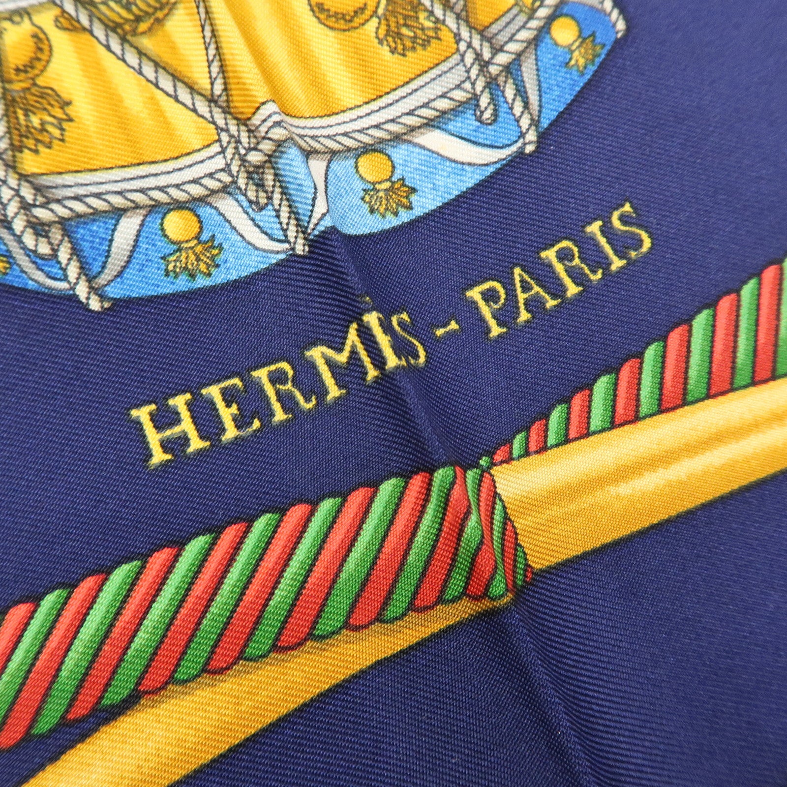 HERMES Carre 90 Silk 100% Scarf LES TAMBOURS Navy Yellow