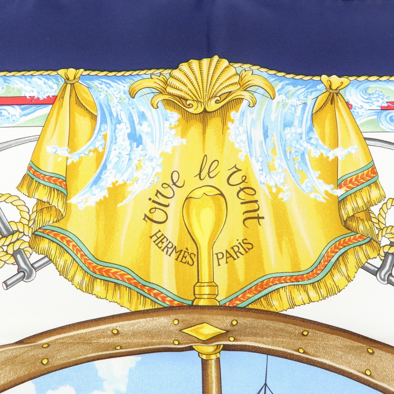 HERMES Carre 90 Silk 100% Scarf VIVE LE VENT Navy Blue Yellow White