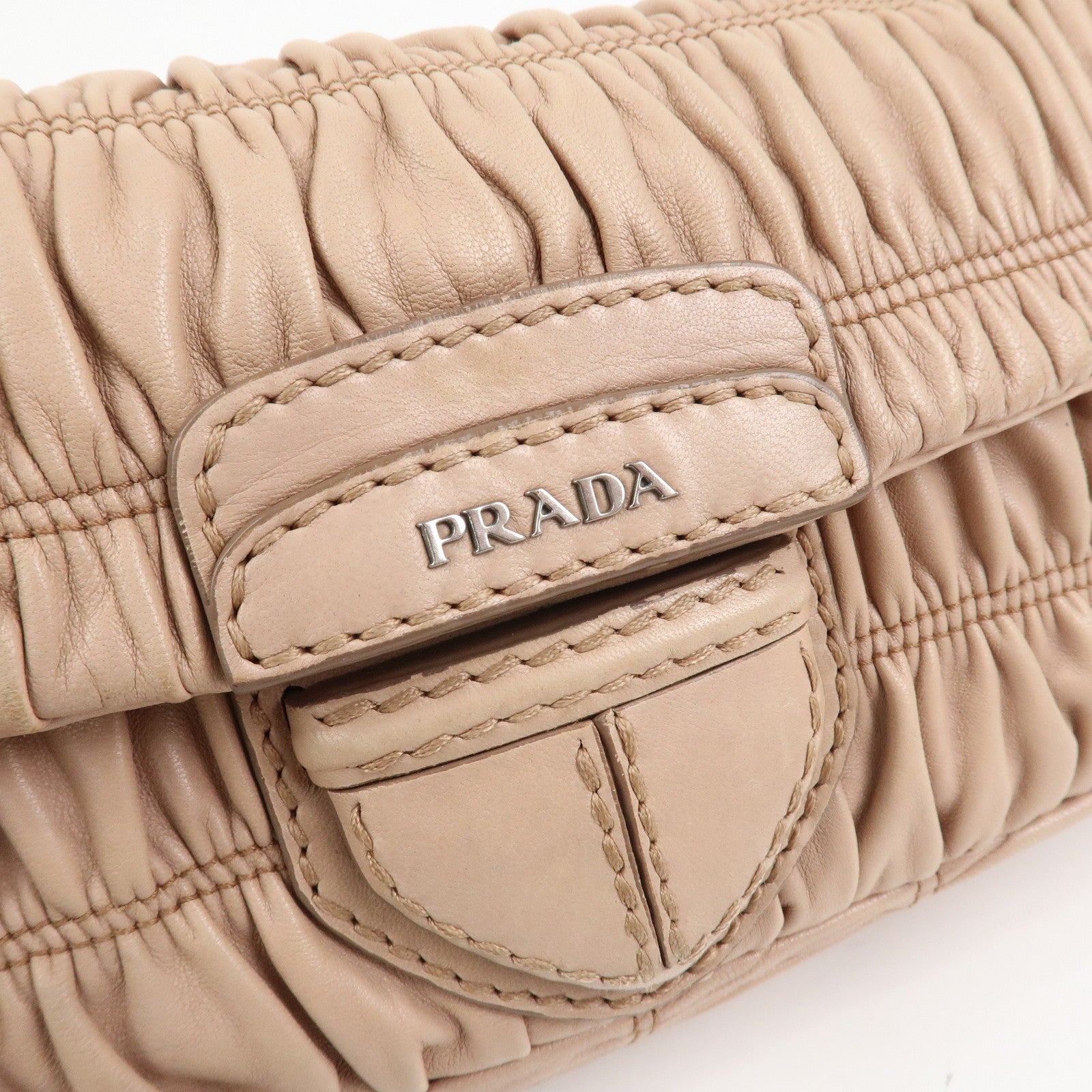 PRADA Leather Gathered Chain Shoulder Bag Pink Beige B4695C