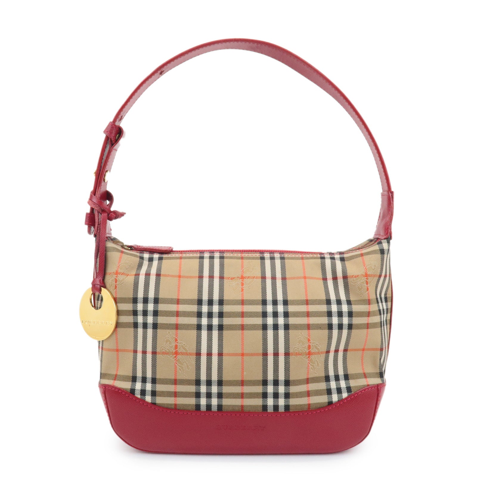 BURBERRY Nova Plaid Canvas Leather Shoulder Bag Red Used