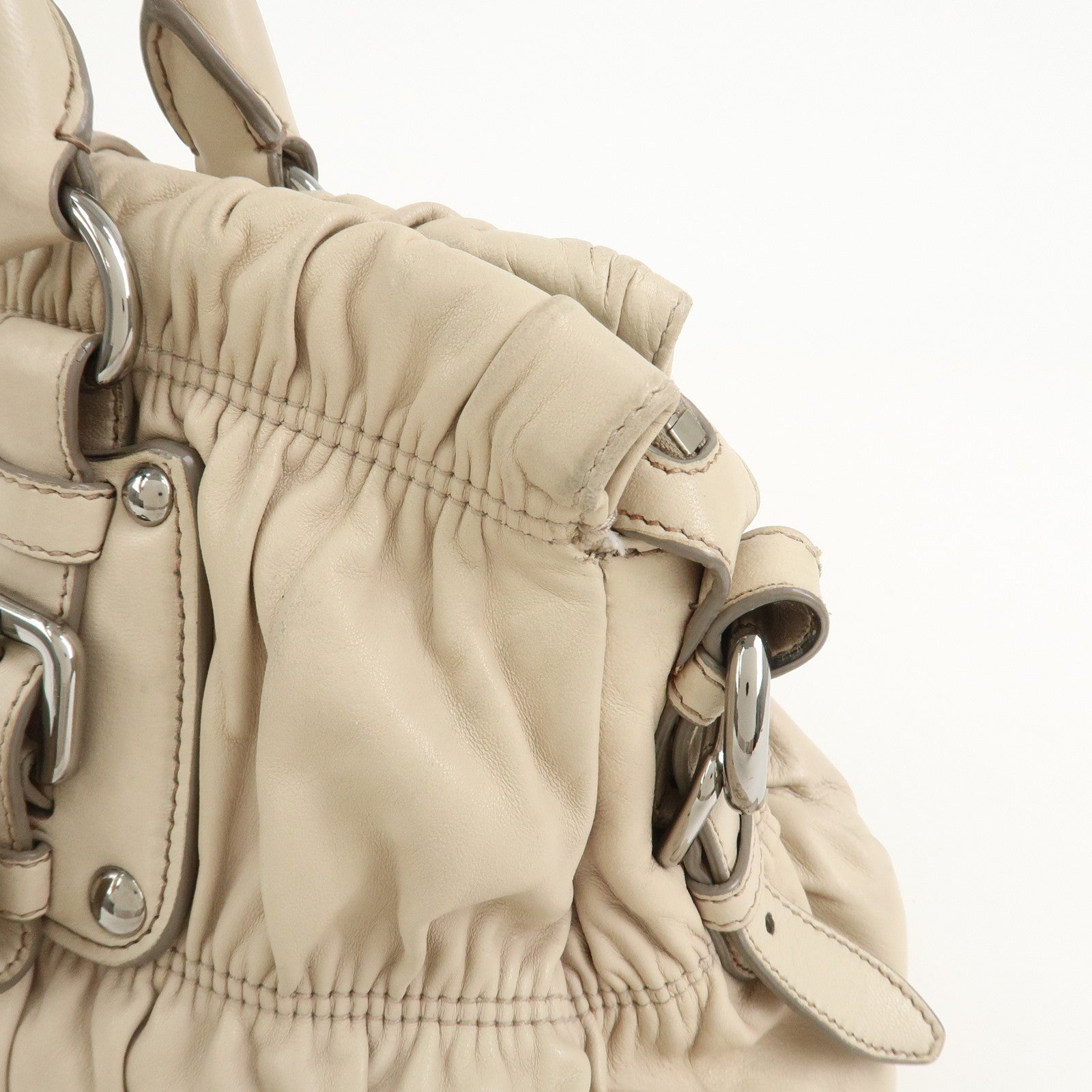 PRADA Nappa Leather Gathered 2Way Tote Shoulder Bag Beige BN1407