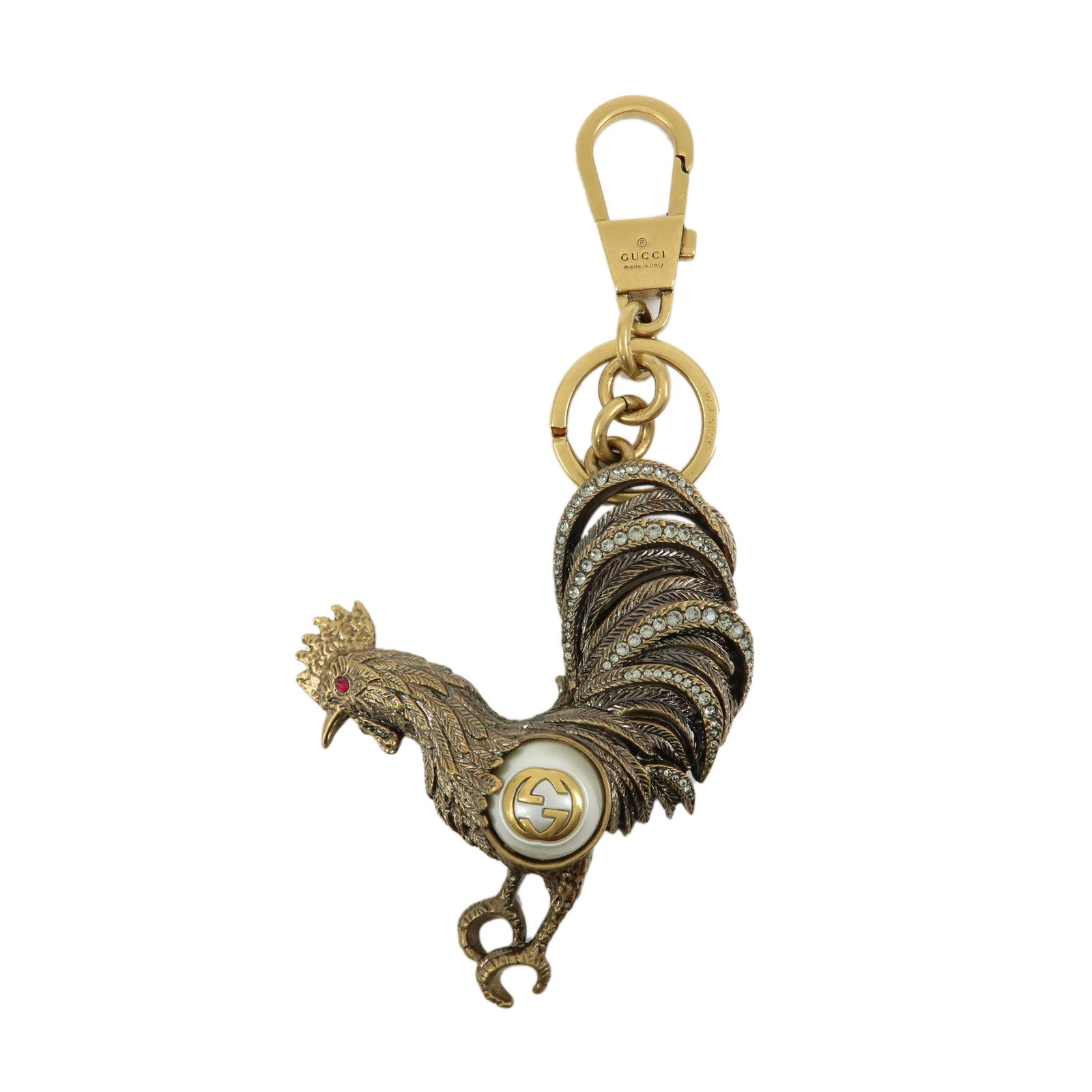 GUCCI Interlocking G Metal Rhinestone Faux Pearl Bag Charm Gold