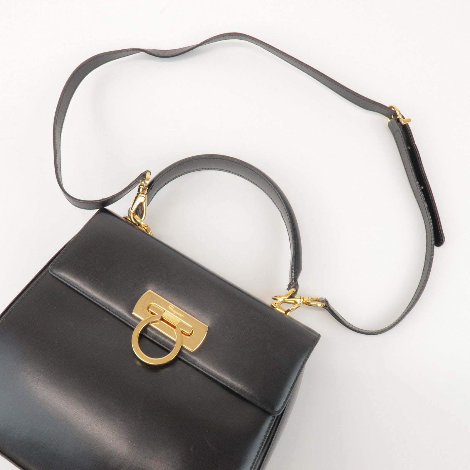 Ferragamo Gancini Calf Leather 2Way Bag Hand Shoulder Bag Black