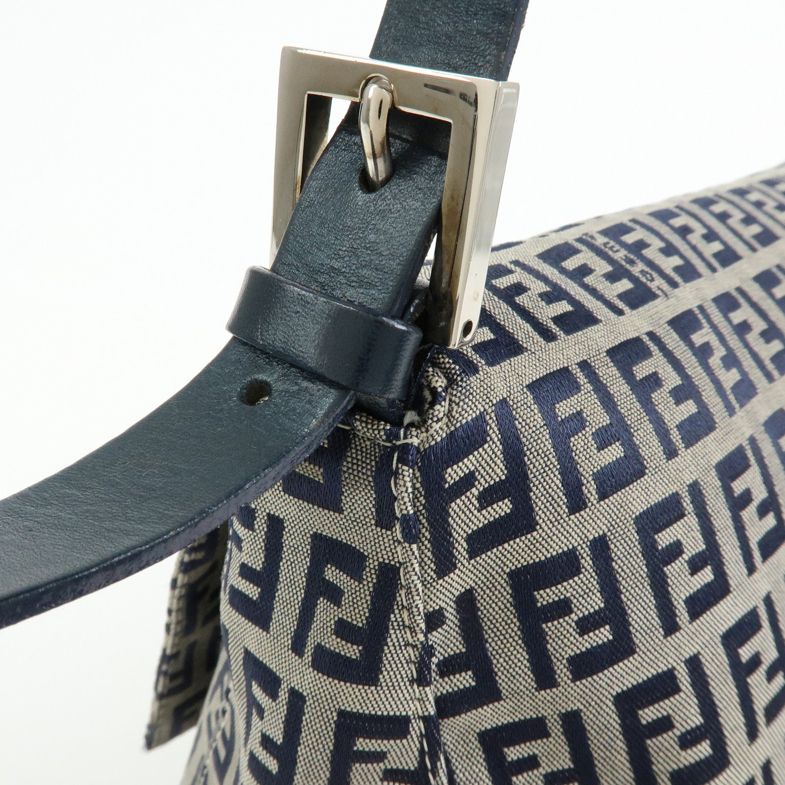 FENDI Mamma Baguette Zucchino Canvas Shoulder Bag Navy 26325
