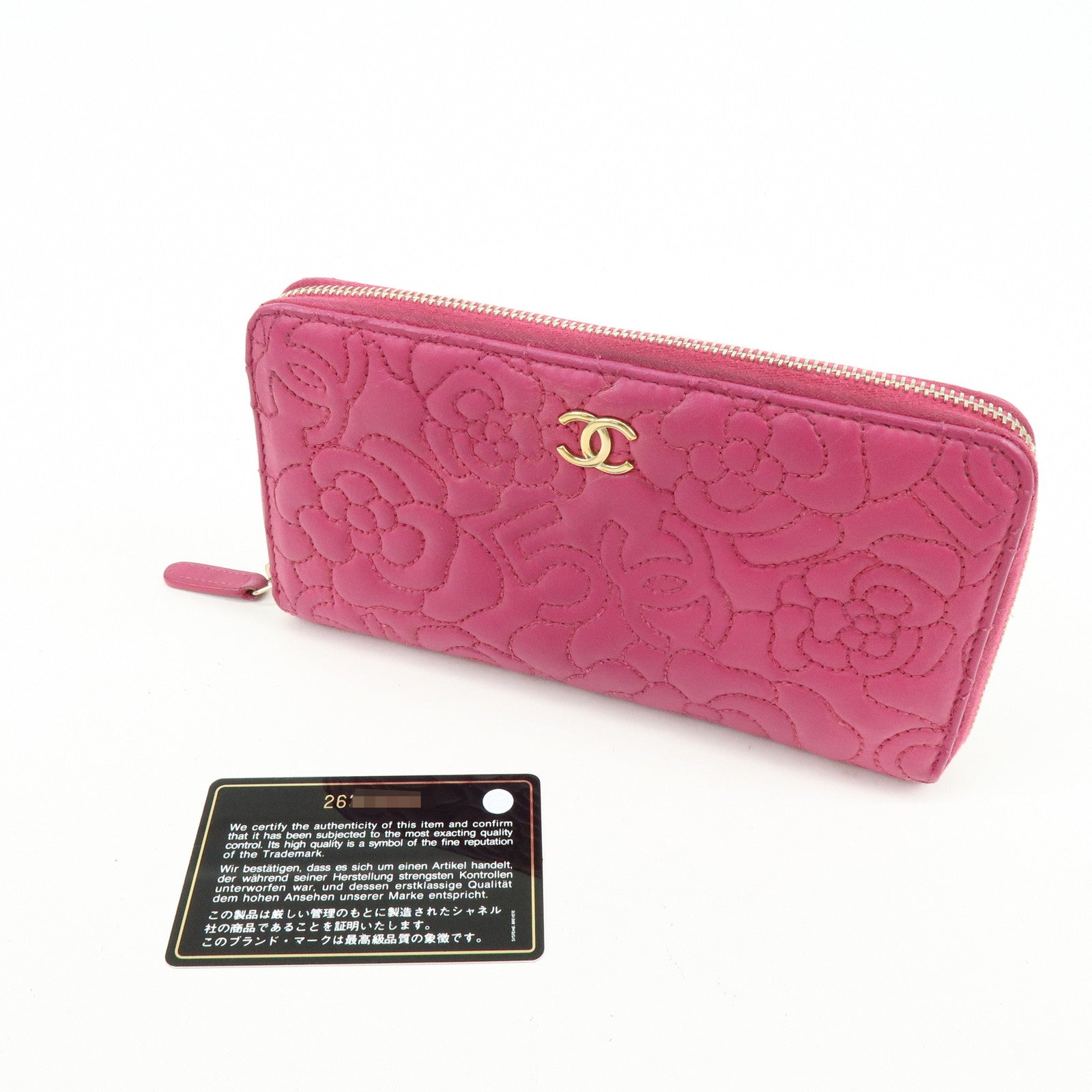CHANEL Camellia No.5 COCO Mark Calf Leather Zippy Long Wallet Pink