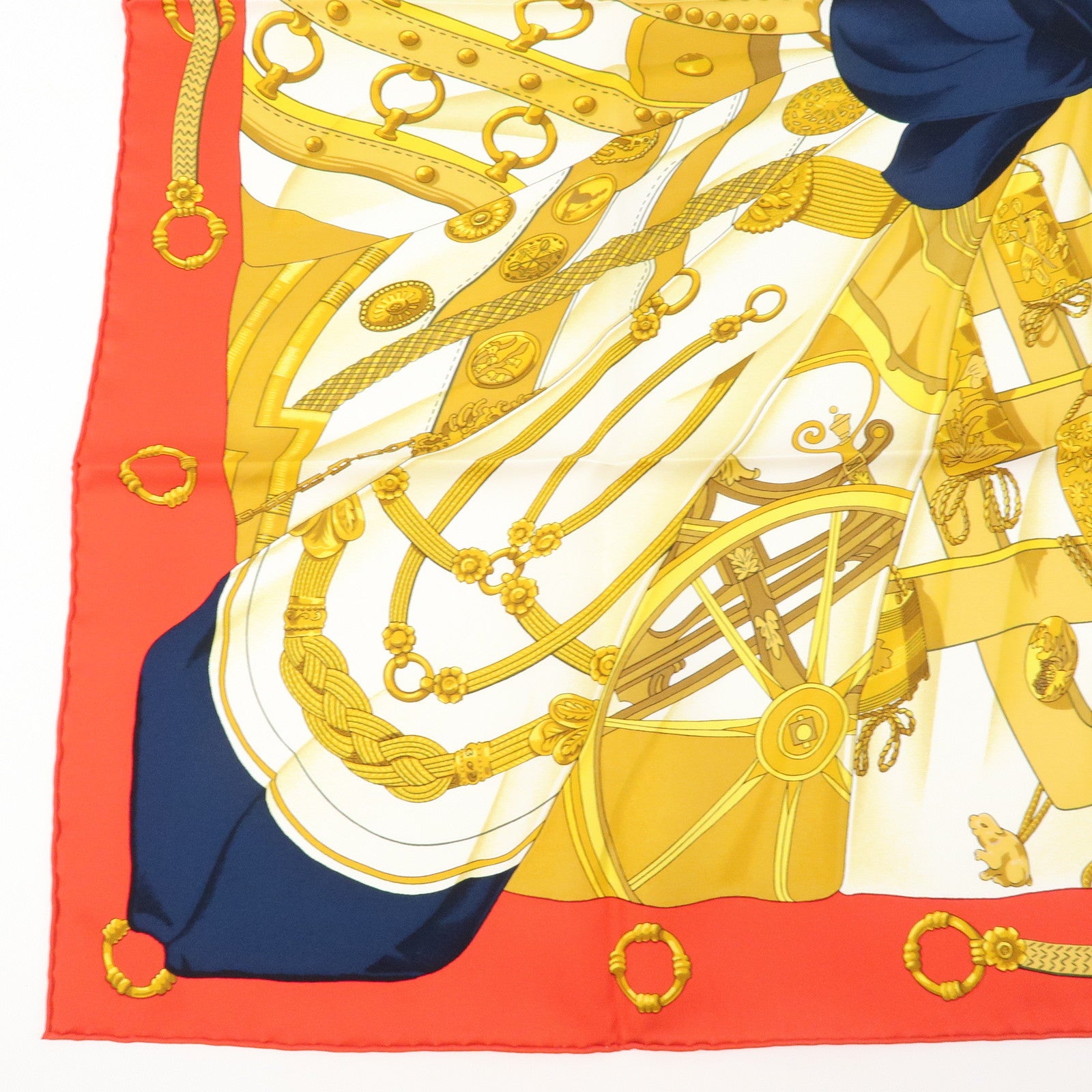 HERMES Carre 90 Silk 100% Soleil de Soie Scarf Gold Navy Red