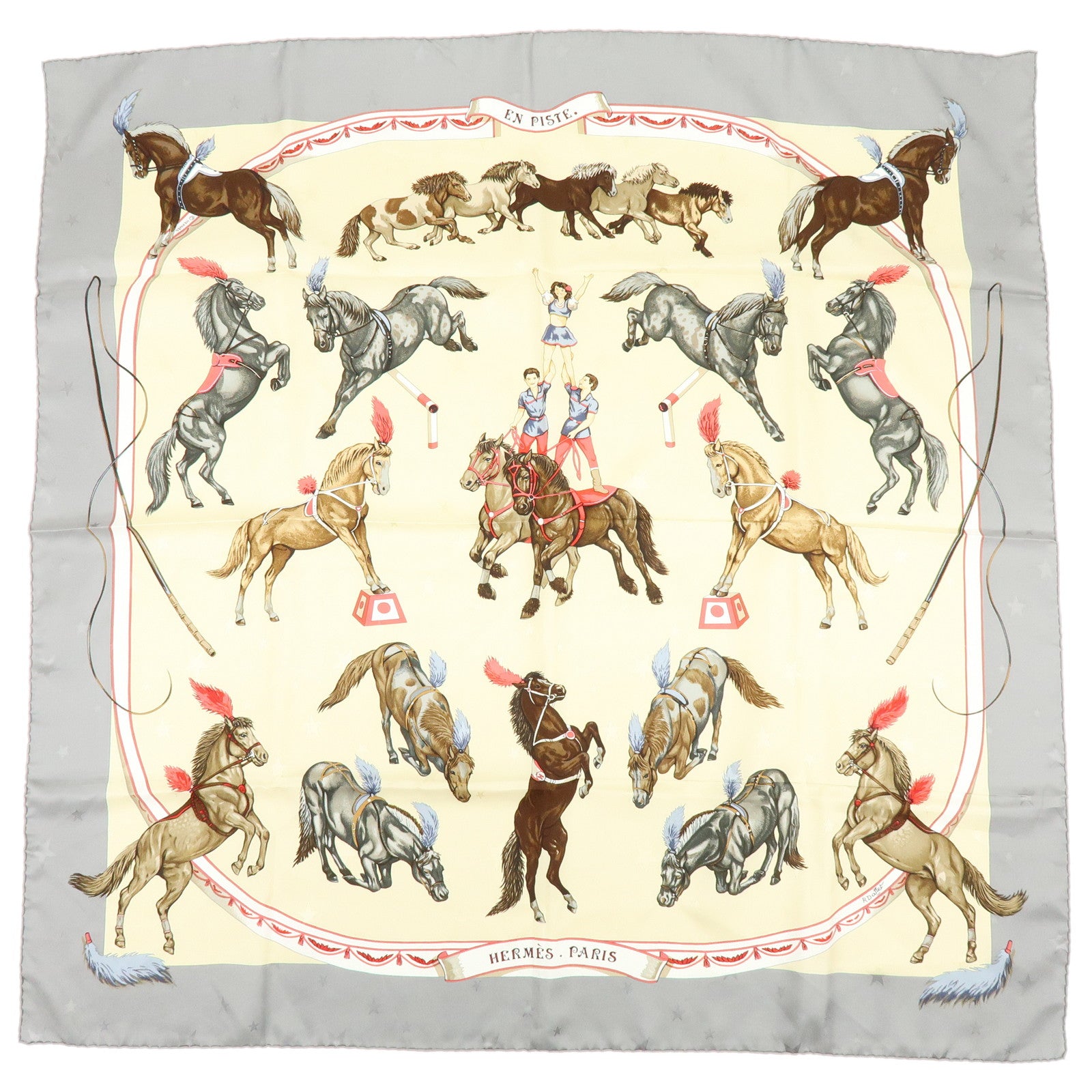 HERMES Carre 90 Silk 100% Scarf EN PISTE Horse Print Beige Gray