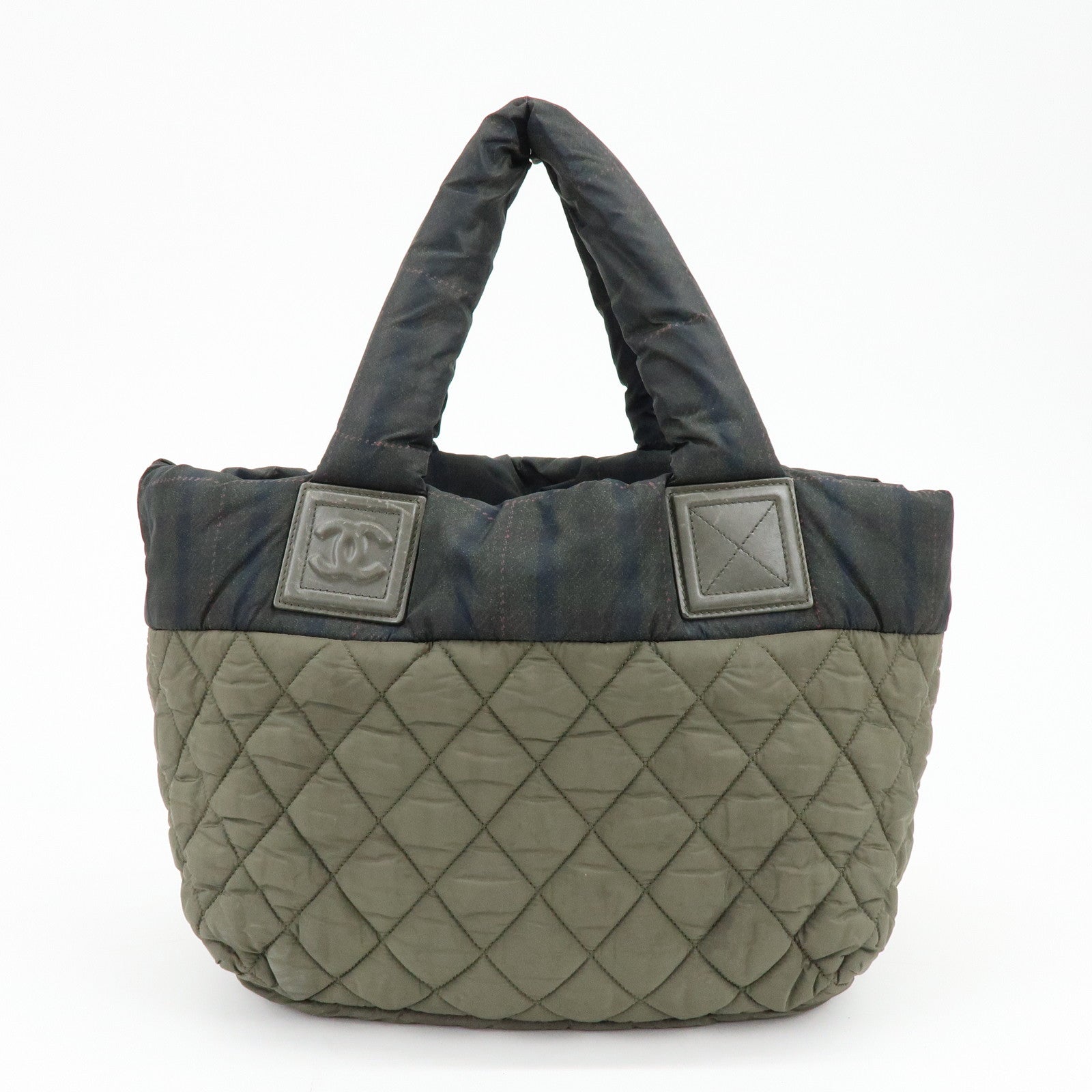 CHANEL COCO Cocoon PM Nylon Tote Bag Dark Green Plaid A48610