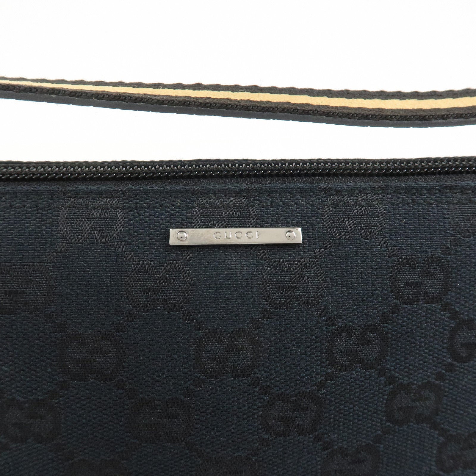 GUCCI Boat Bag Sherry GG Canvas Leather Hand Bag Black 141809