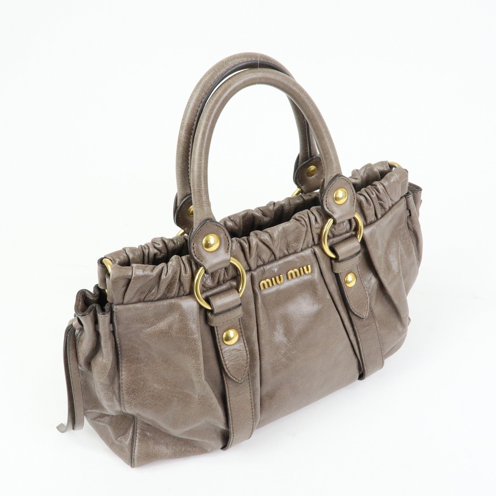 MIU MIU Logo Leather Hand Bag Tote Bag Gray Gold