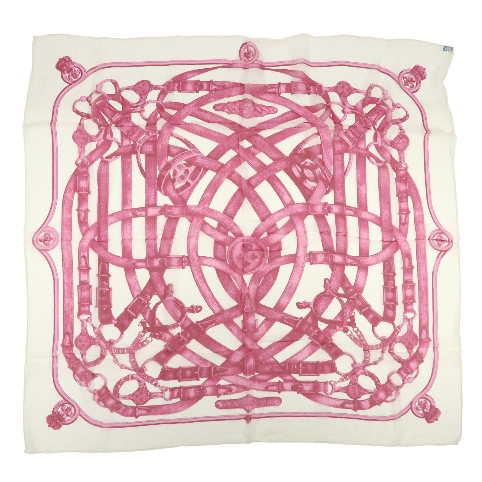 HERMES Carre 90 Silk 100% Scarf CAVALCADOUR Chain Belt Pink Ivory
