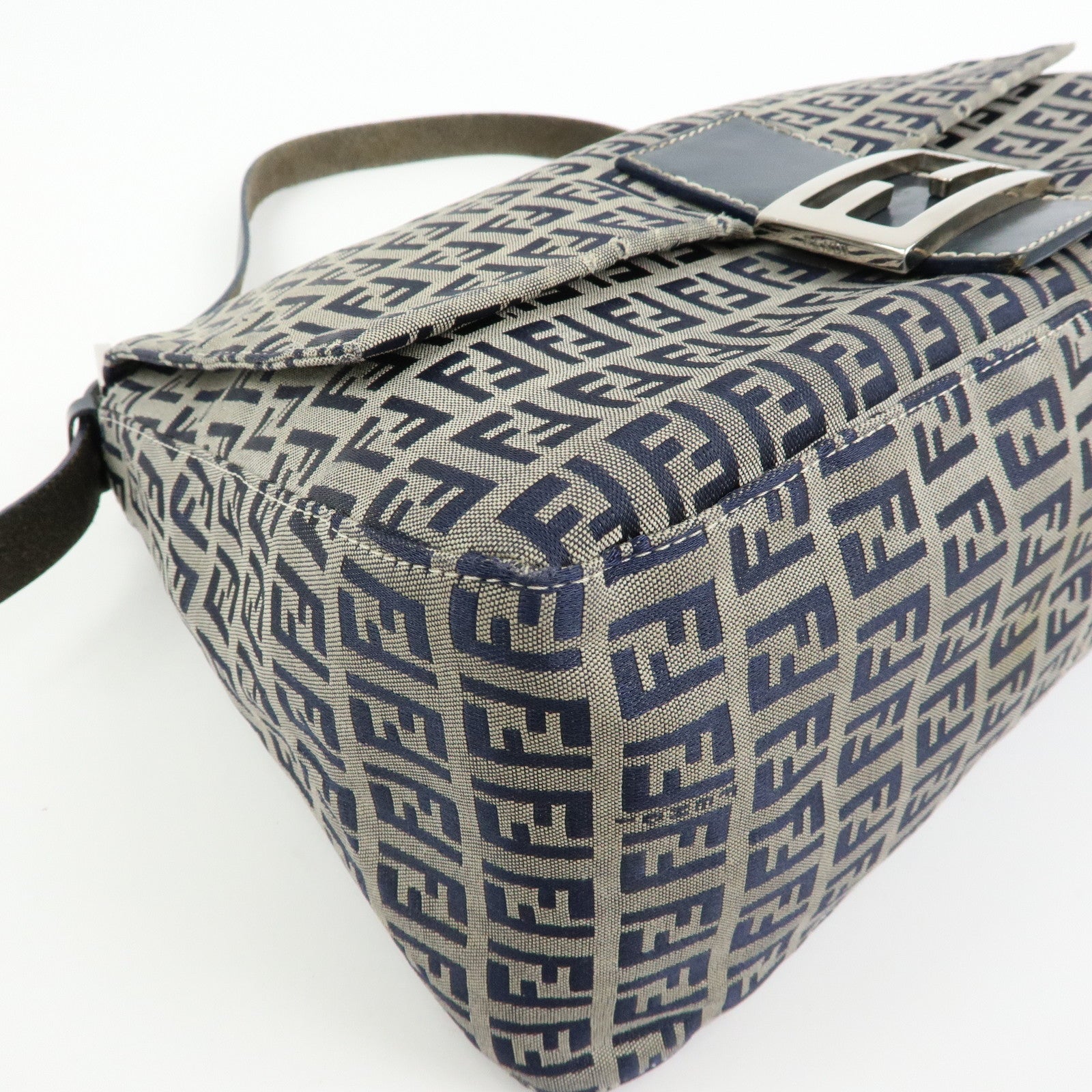 FENDI Mamma Baguette Zucchino Canvas Shoulder Bag Navy 26325