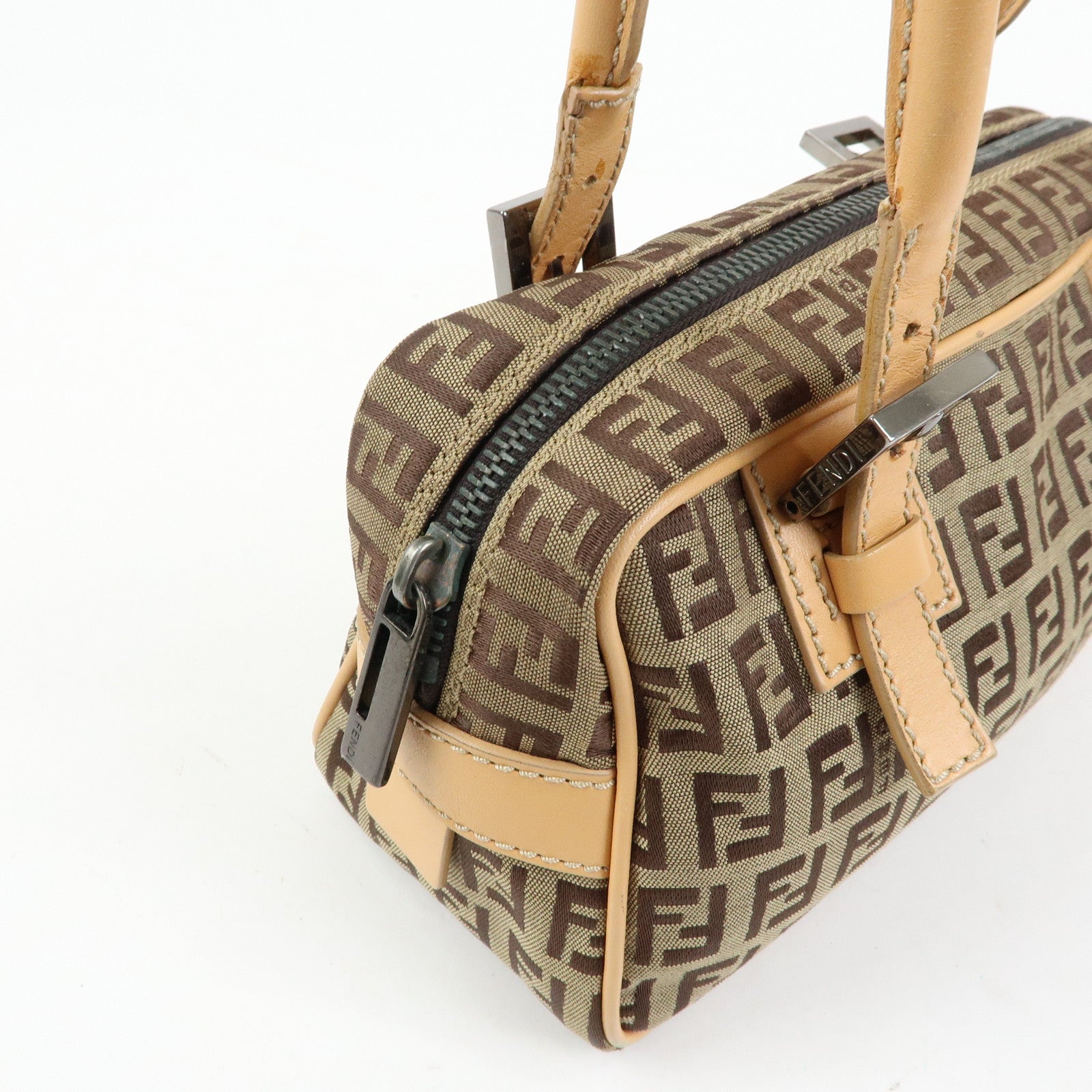 FENDI Zucchino Canvas Leather Small Boston Hand Bag Brown 8BN004