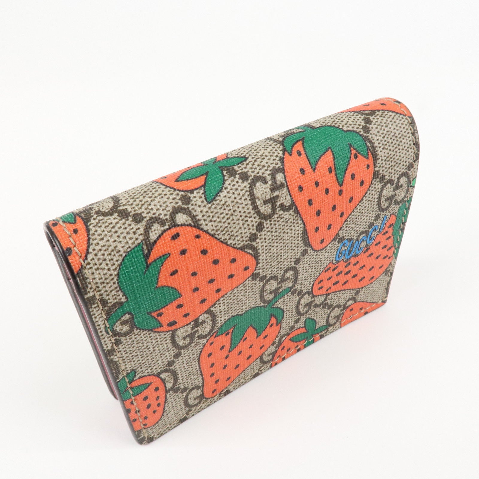 GUCCI GG Supreme Leather Strawberry Print Bi-fold Wallet 573839 Used