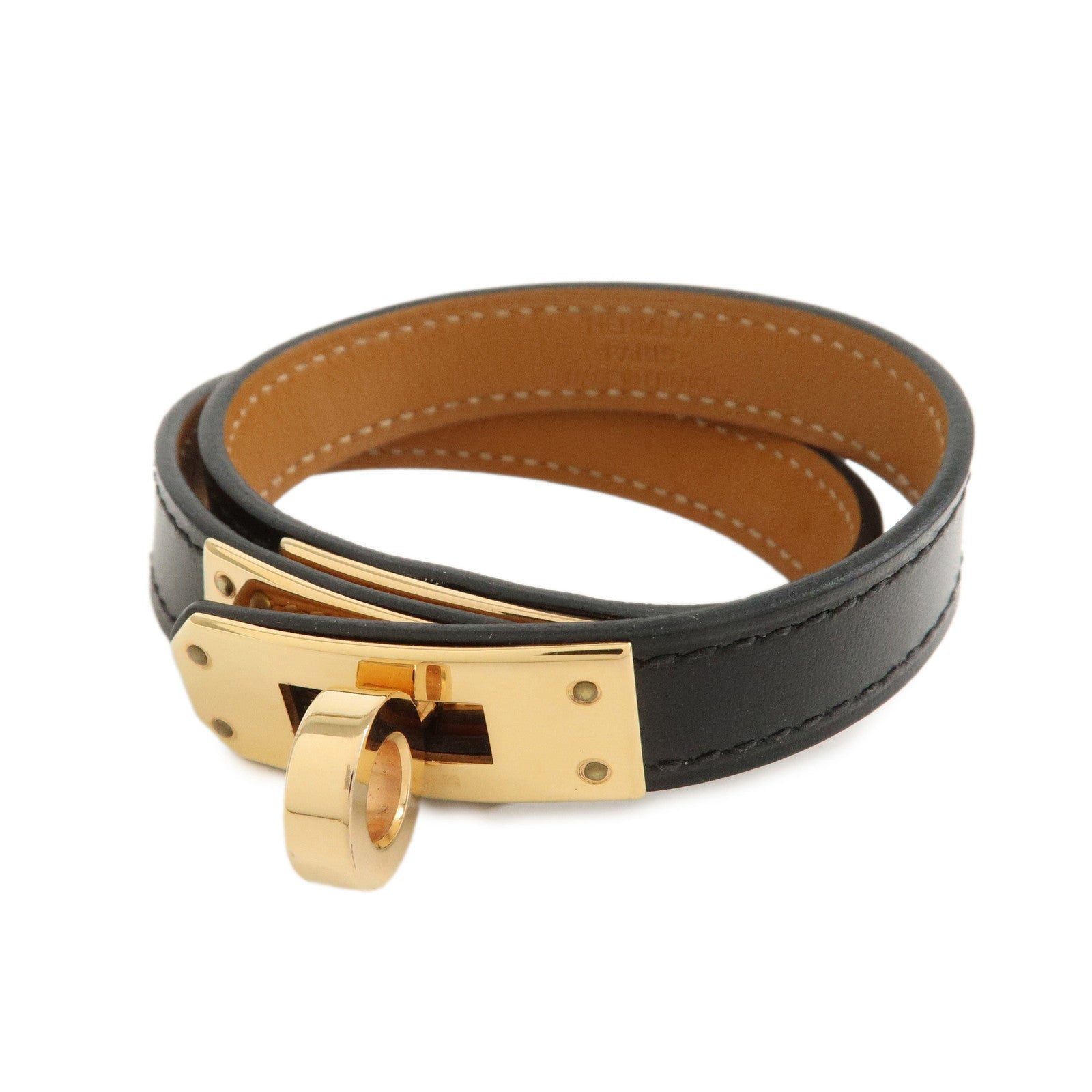 HERMES Kelly Double Tour Bracelet Bangle U Stamped Black Gold