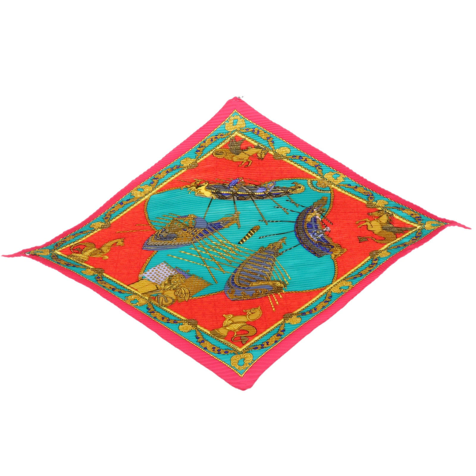 HERMES Pleated Carre 90 Set of 2 Silk 100% Scarf Green Pink