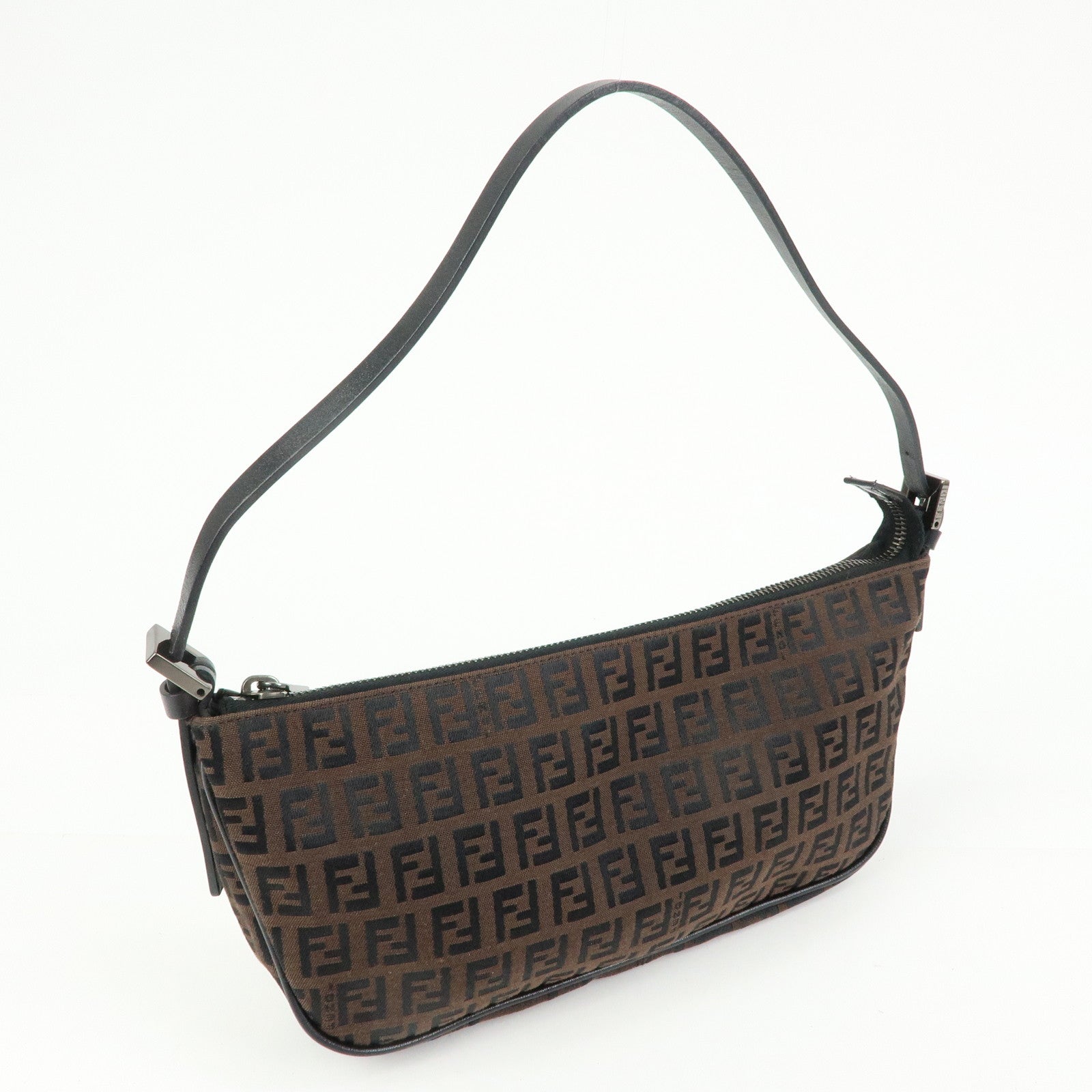 FENDI Zucchino Canvas Leather Hand Bag Brown Black 8BR1440